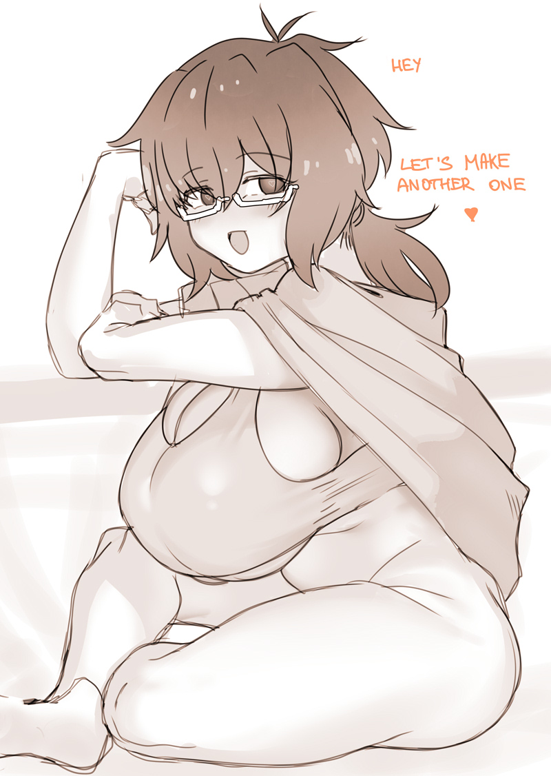 , 1girls, 2025, 2d, belly, big breasts, blush, breasts bigger than head, bursting breasts, english, english text, female, female only, gigantic breasts, girls und panzer, glasses, huge breasts, looking at viewer, no panties, oryou (girls und panzer), panzermeido, schoolgirl, secunduspublius, smile, text