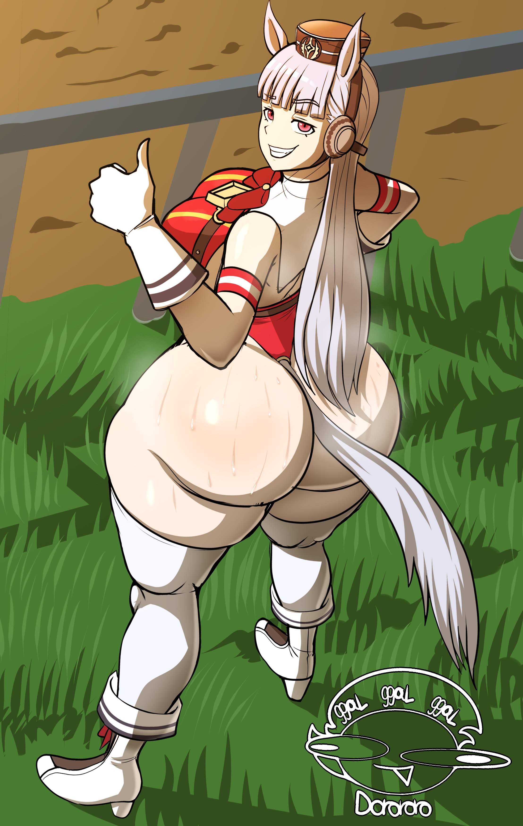1girls, ass, ass bigger than head, babyhunt4, behind view, big ass, big breasts, big butt, bottomless, breasts, bubble butt, clothing, curvaceous, curvy, curvy figure, female, female only, gloves, gold ship (umamusume), grass, hand on hip, hat, horse ears, horse girl, huge ass, huge breasts, legwear, long hair, looking back, mostly clothed, musk, musk clouds, musky butt, red eyes, smile, solo, solo female, steam, steaming body, steamy ass, stockings, sweat, sweaty, sweaty butt, tail, thick thighs, thumbs up, umamusume, voluptuous, voluptuous female, white hair, wide hips