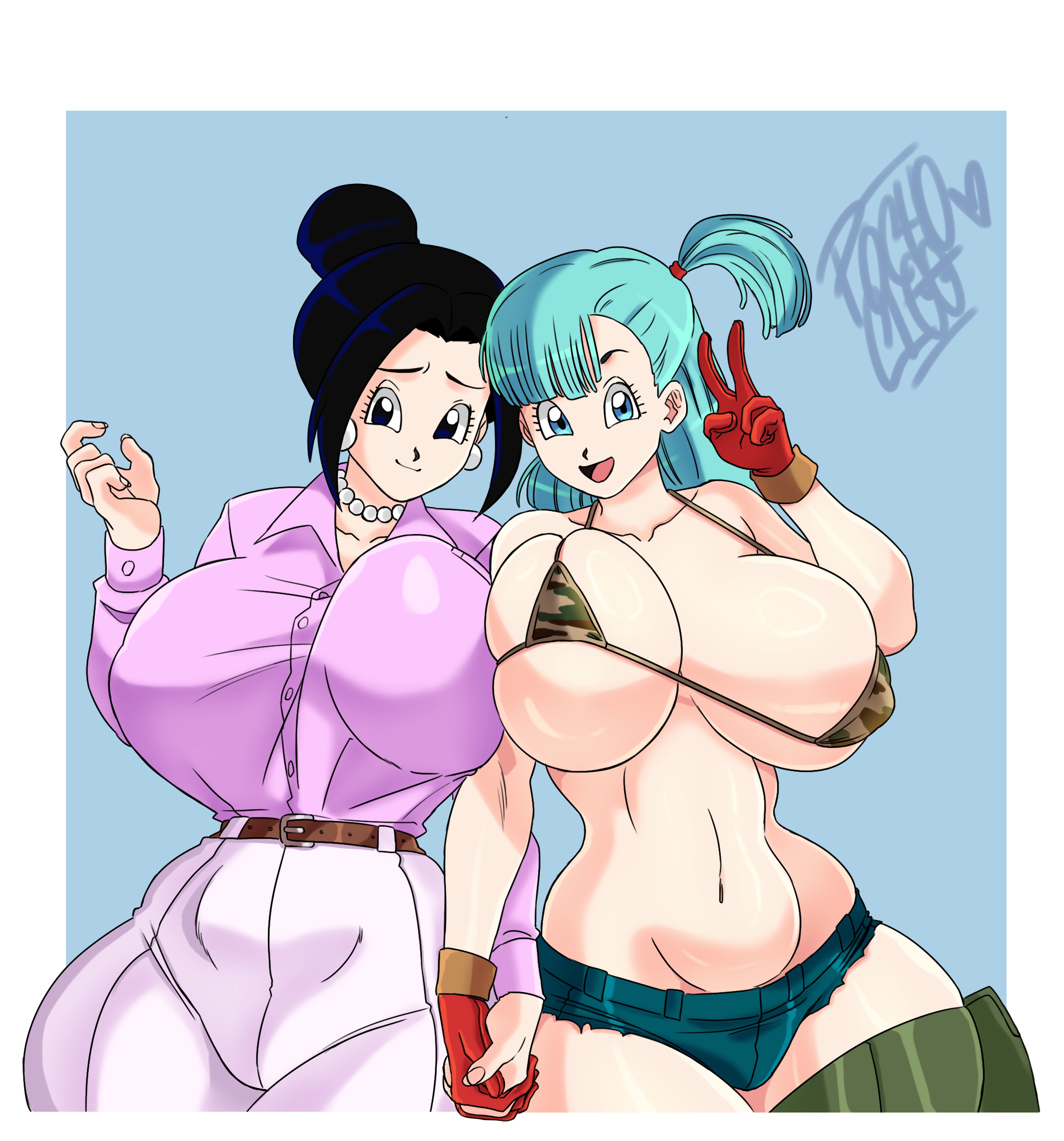 2girls, big breasts, black hair, blue hair, breasts, bulma, bulma (dragon ball), bulma briefs, chichi, chichi (bulma's party), dragon ball, dragon ball z, female, female only, gilf, grandmother, huge breasts, pochoclogigi