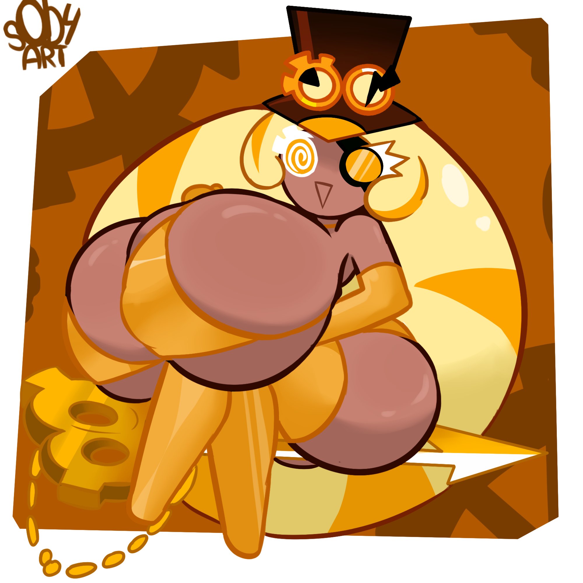 1girls, armwear, artist name, artist signature, ass, bikini, breasts, breasts bigger than head, cookie run, cookie run kingdom, cookie run ovenbreak, dark-skinned female, golden bikini, golden week, hat, huge ass, hyper, hyper breasts, nipple bulge, partially clothed, sitting, sob4art, stockings, timekeeper cookie, tophat