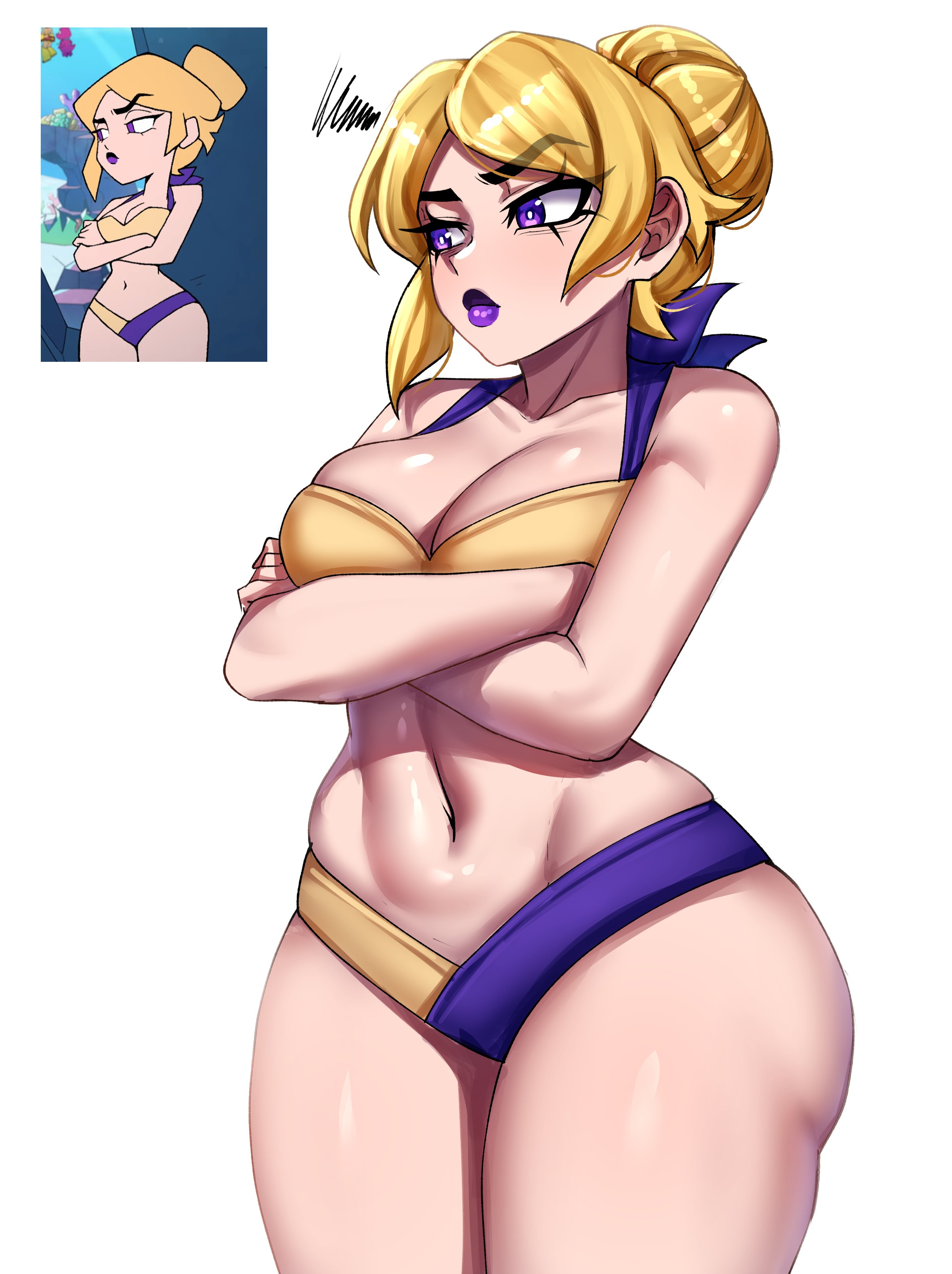 angry expression, arms crossed, belly, big ass, big breasts, blonde hair, bra, cleavage overflow, gameoverse, hair bun, hips wider than shoulders, midriff, miss information (gameoverse), panties, pear shaped, pear shaped female, pear-shaped figure, purple lipstick, rageman709, solo, thick thighs, wide hips