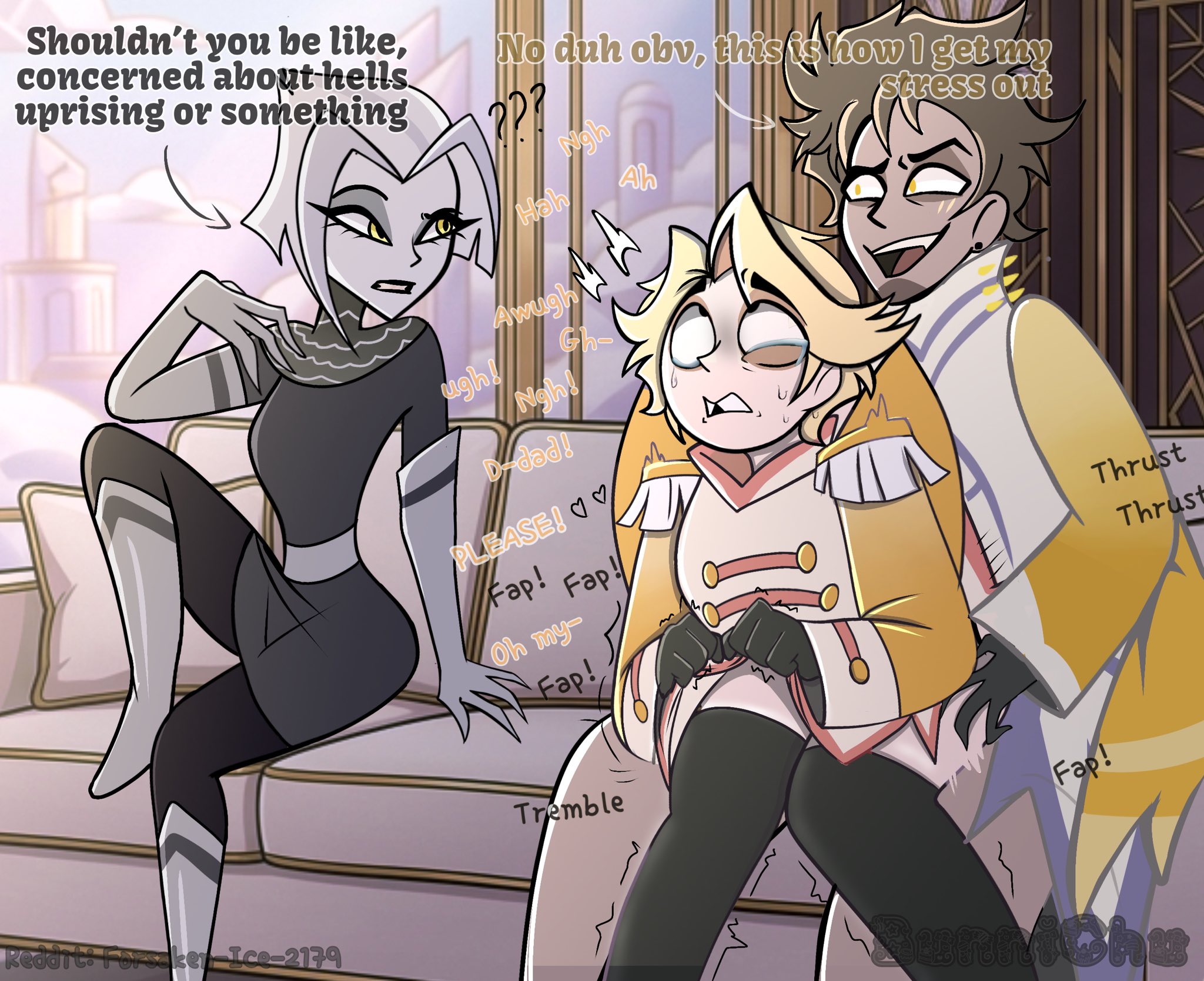 , 2boys, abel (hazbin hotel), adam (hazbin hotel), casual sex, dad bod, dadbod, father, father and son, gay, gay sex, hazbin hotel, incest, incest (lore), incestuous, incestuous (lore), kneehighs, lute (hazbin hotel), male/male, no visible genitalia, son, thighhighs