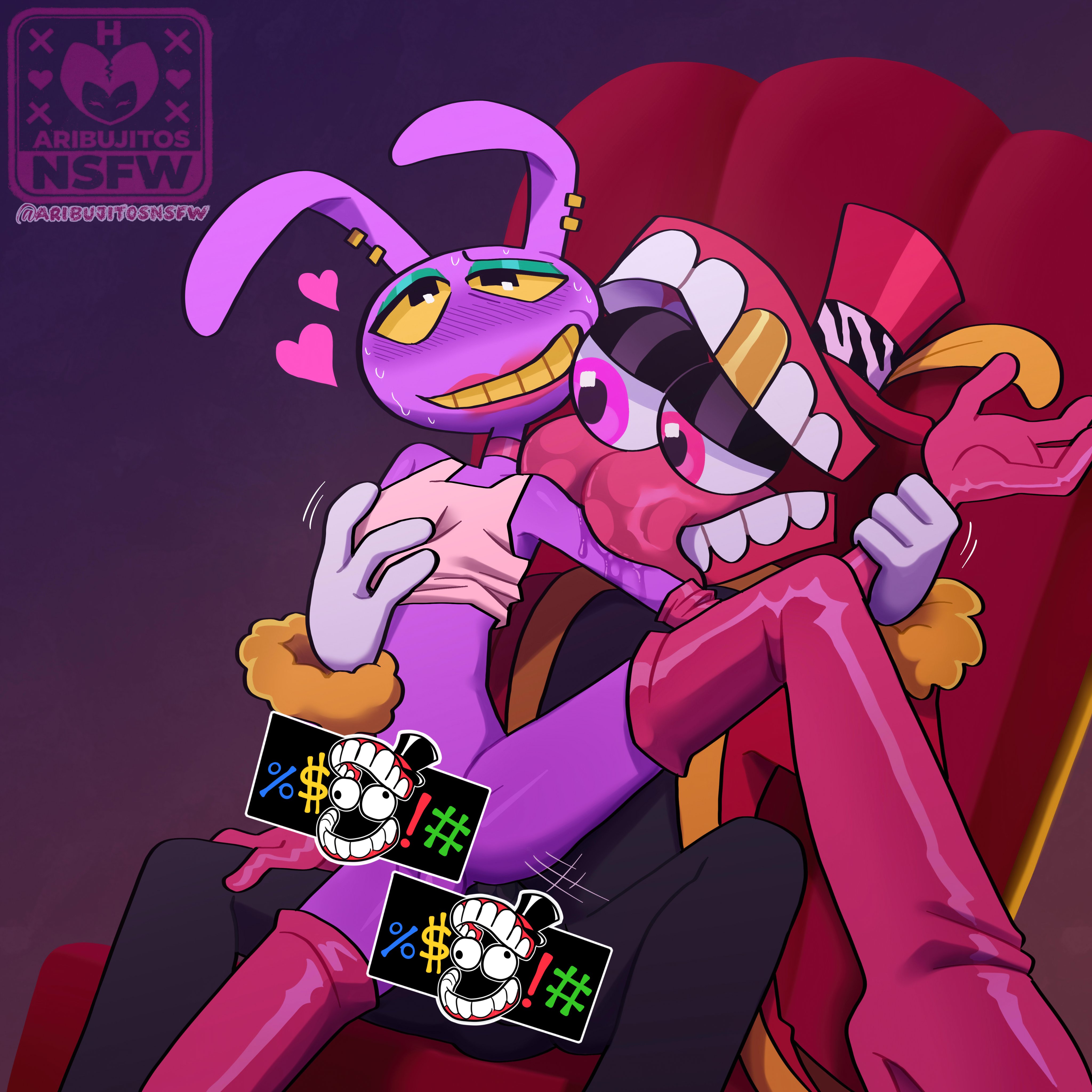 1boy, 1girls, anal, anal juice, anal penetration, anal sex, anthro, aribujitosnsfw, ass, balls, blush, caine (the amazing digital circus), furry, glitch productions, jax (the amazing digital circus), licking, licking arm, lipstick, penis, pimp, rabbit, sex, sweat, teeth, the amazing digital circus, tongue, tongue out