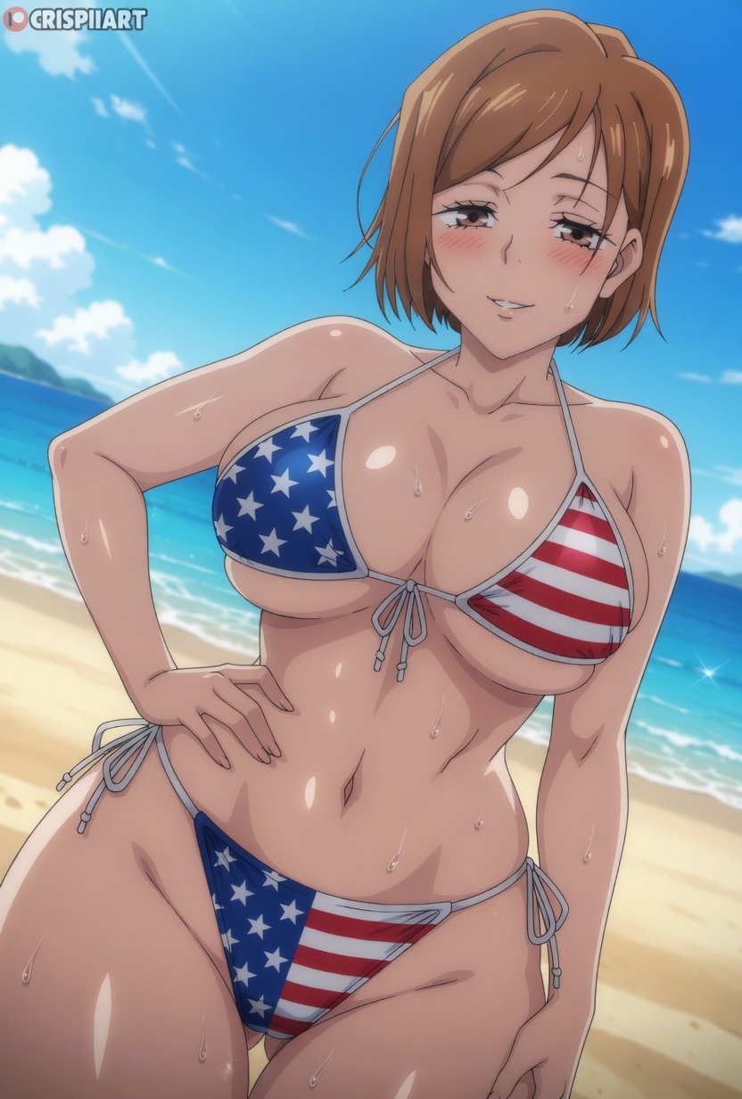 1girls, ai generated, american flag bikini, anime coloring, beach, big breasts, bikini, breasts, brown eyes, brown hair, crispiiart, curvaceous, curvy, curvy body, curvy figure, female, female focus, hourglass figure, huge breasts, jujutsu kaisen, kugisaki nobara, large breasts, light skin, light-skinned female, looking at viewer, nobara kugisaki, short hair, solo, stomach, thick hips, thick thighs