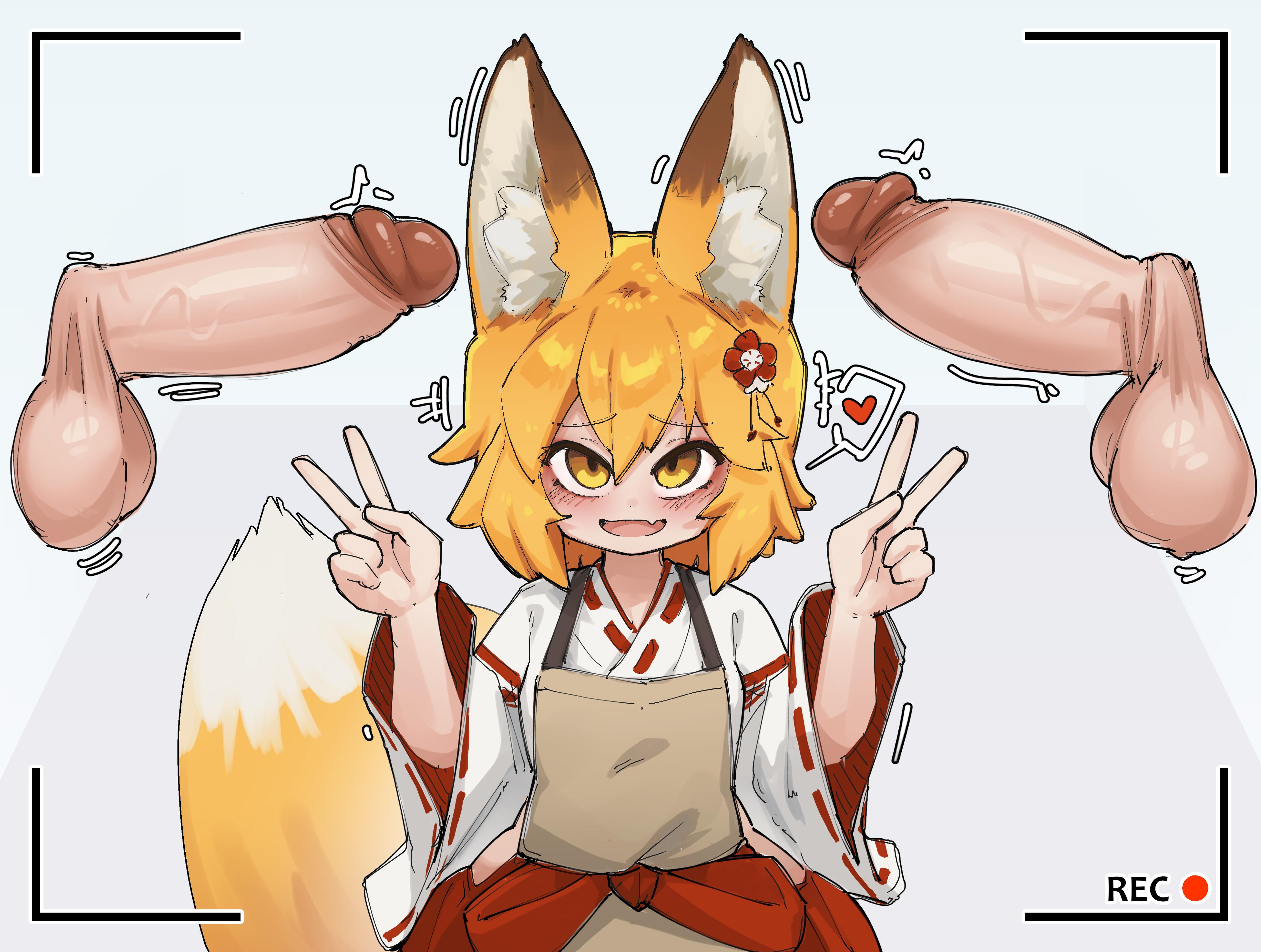 , 1girls, 2boys, balls, big ears, big penis, blush, crr001, disembodied penis, fang, fox ears, fox girl, fox tail, hair ornament, heart, looking at viewer, peace sign, penis, recording, recording video, senko (sewayaki kitsune no senko-san), sewayaki kitsune no senko-san, shoulder length hair, smile, tail, yellow eyes, yellow hair
