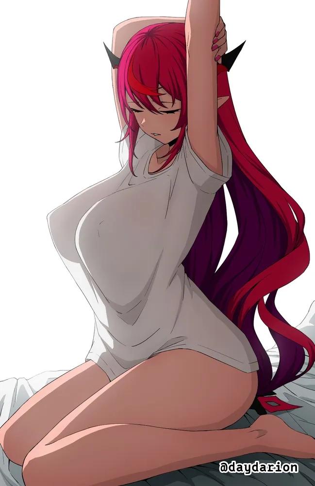 1girl, 1girls, adult, adult female, arm above head, arm up, big boobs, big breasts, breasts, busty, busty female, busty girl, closed eyes, clothes, dayyo (daydarion/day-chan), fingernails, hand above head, hand up, hololive, hololive english, irys (hololive), large boobs, large breasts, lean figure, legs folded, mature, mature female, nail polish, nails, narrow waist, nipple bulge, red fingernails, red hair, red nail polish, red nails, red-haired female, seiza, shirt, sitting, sitting on bed, sitting on knees, slender body, slender waist, slim female, slim waist, topwear, virtual youtuber, vtuber, vtuberfanart, white clothes, white shirt, white topwear