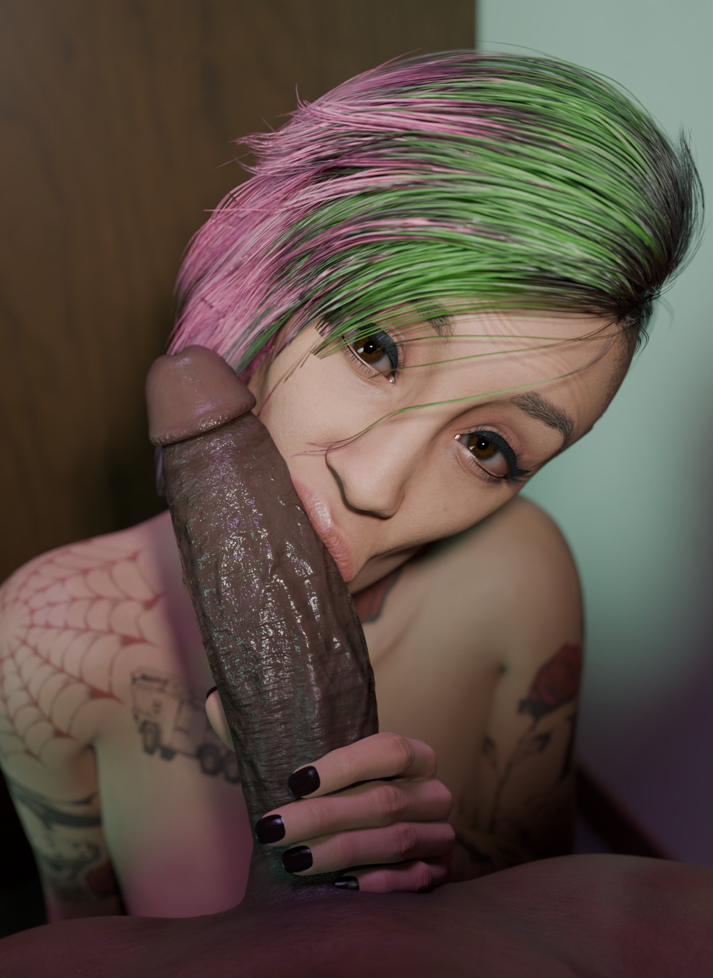 :>=, 3d, big penis, blowjob, cabezadeperro00, cyberpunk 2077, dark skin, dark-skinned male, fellatio, green hair, interracial, judy alvarez, latina, latina female, light-skinned female, looking at viewer, multicolored hair, pink hair, pov, tagme, tattoo
