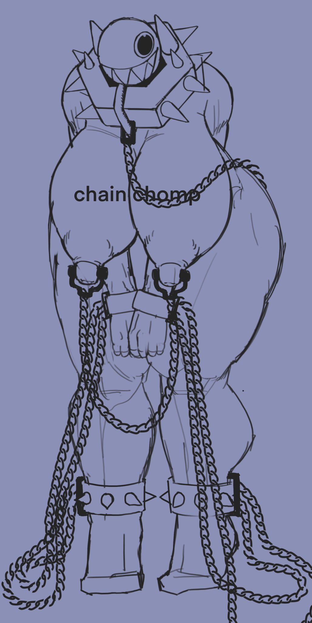 1girls, chain chomp, chained, chains, collar, female, gigi (thecoatl034), mario (series), nipple piercing, nipples, shackles, sharp teeth, simple background, sketch, thick thighs, turpentine