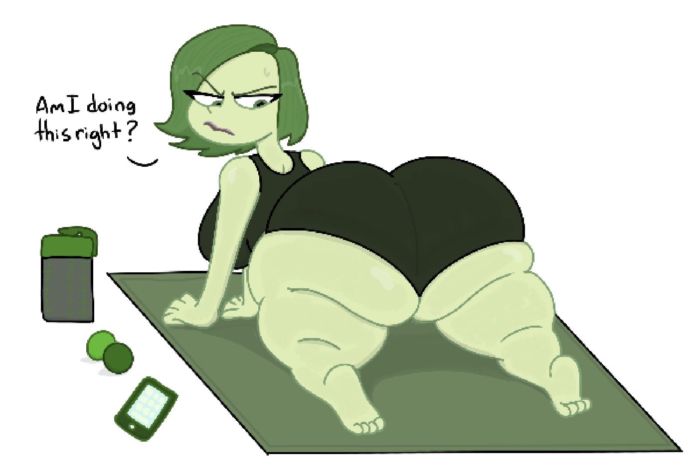 1girls, 2026, 2d, 2d (artwork), 2d artwork, annoyed, annoyed expression, ass, ass bigger than head, ass focus, barefoot, big ass, clothed, clothed female, digital art, digital drawing (artwork), digital media (artwork), disgust (inside out), disney, fat ass, feet, female, green eyes, green hair, green skin, humanoid, inside out, leotard, looking back, phone, pink lipstick, pixar, solo, tagme, theslashfive, yoga, yoga mat, yoga pose