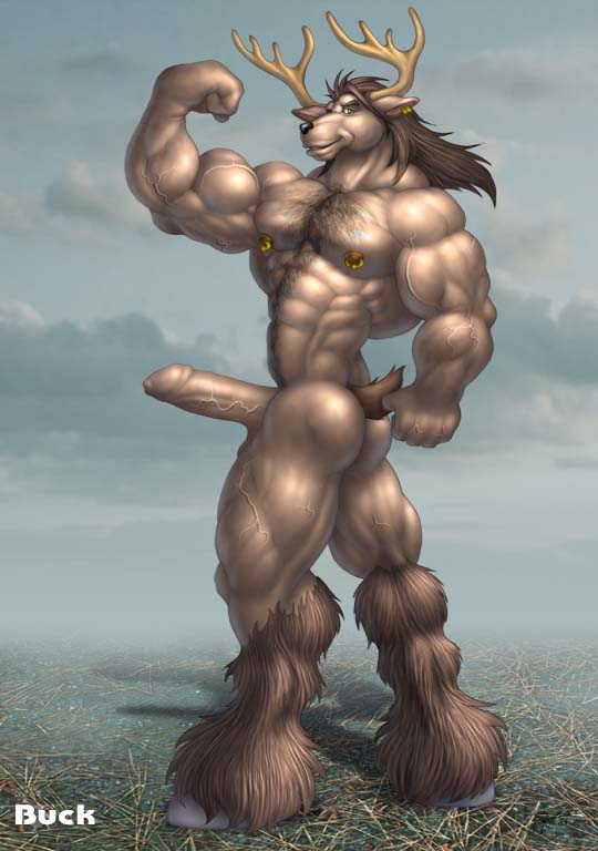 1boy ass braford cervine chest deer flexing hair hooves horns male male_only muscles nude penis piercing reindeer solo uncut