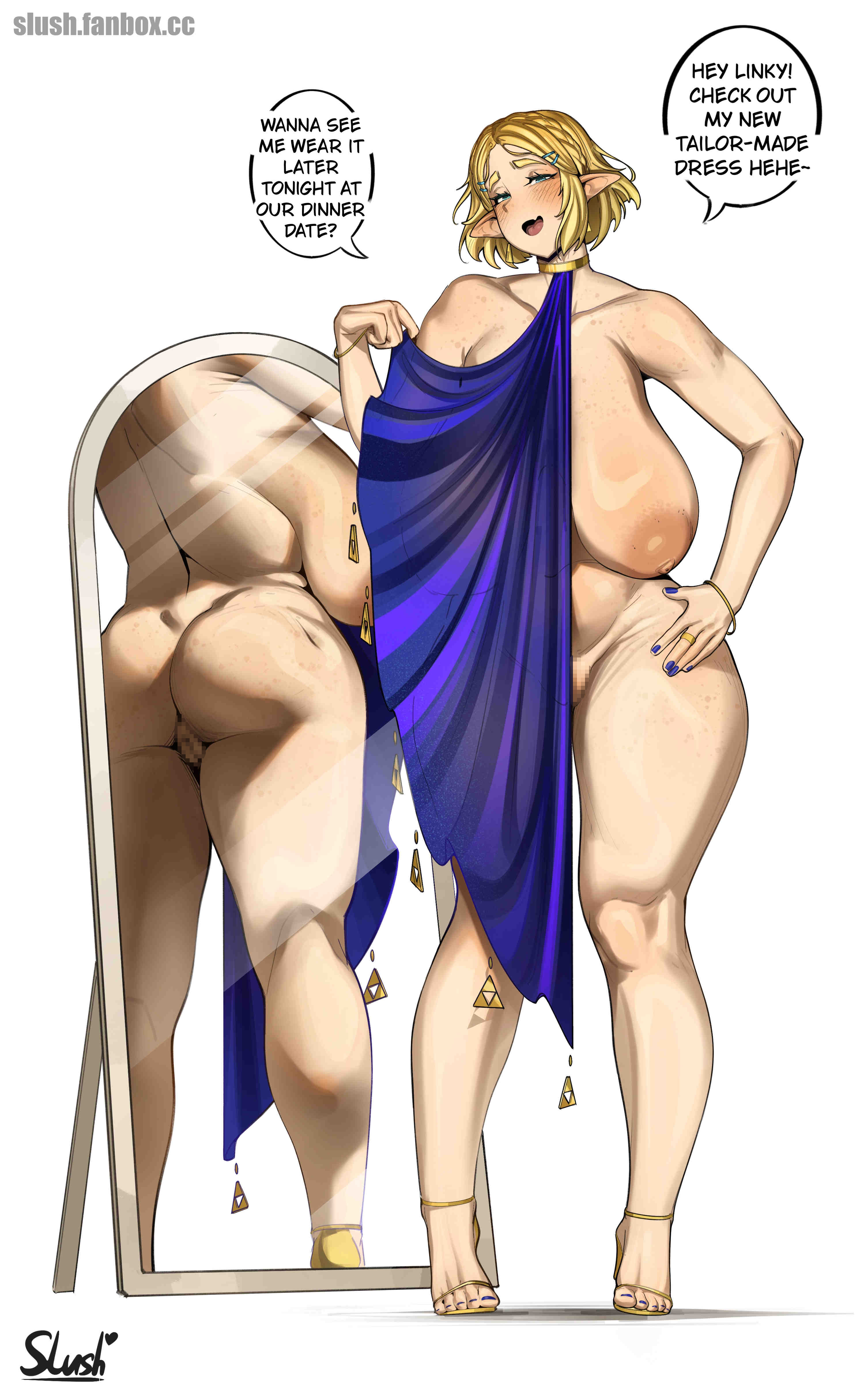 1girls, blonde hair, censored, huge ass, huge breasts, princess zelda, reflection, revealing clothes, slush, the legend of zelda, thick thighs