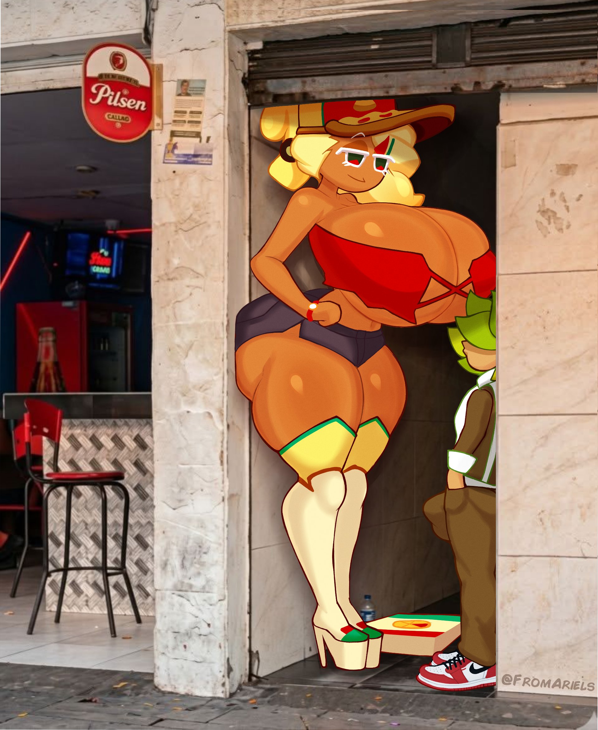 1boy, 1girls, alleyway, alleyway milf (meme), artist name, boner in pants, breasts, breasts bigger than head, bulge, cleavage, clothed, colombia, cookie run, cookie run ovenbreak, dark-skinned female, fromariels, hands in pockets, hat, herb cookie, high heel boots, hyper, hyper ass, hyper breasts, large breasts, larger female, light-skinned male, looking down, medellin, colombia, meme, pizza box, pizza cookie, platform heels, revealing clothes, size difference, smaller male, sneakers, thick thighs, twitter username, wristwatch