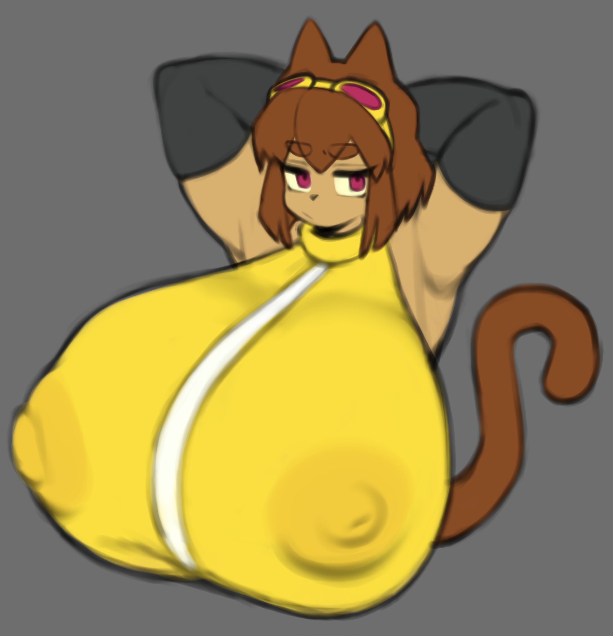 2026, 2d, 2d (artwork), animal ears, animal humanoid, animal tail, anthro, anthro only, areola, areola bulge, areolae, areolae visible through clothing, armpits, bangs, big breasts, breasts bigger than head, brown body, brown fur, brown hair, cat, cat ears, cat girl, cat humanoid, cat tail, catgirl, clothed, clothed female, clothing, dark skin, dark-skinned female, female, female only, gameoverse, gigantic breasts, glitch productions, hi res, highres, huge breasts, kit (gameoverse), kit bodega, large breasts, mctamagomaki, nipple bulge, nipples, nipples visible through clothing, purple eyes, short hair, solo, tail