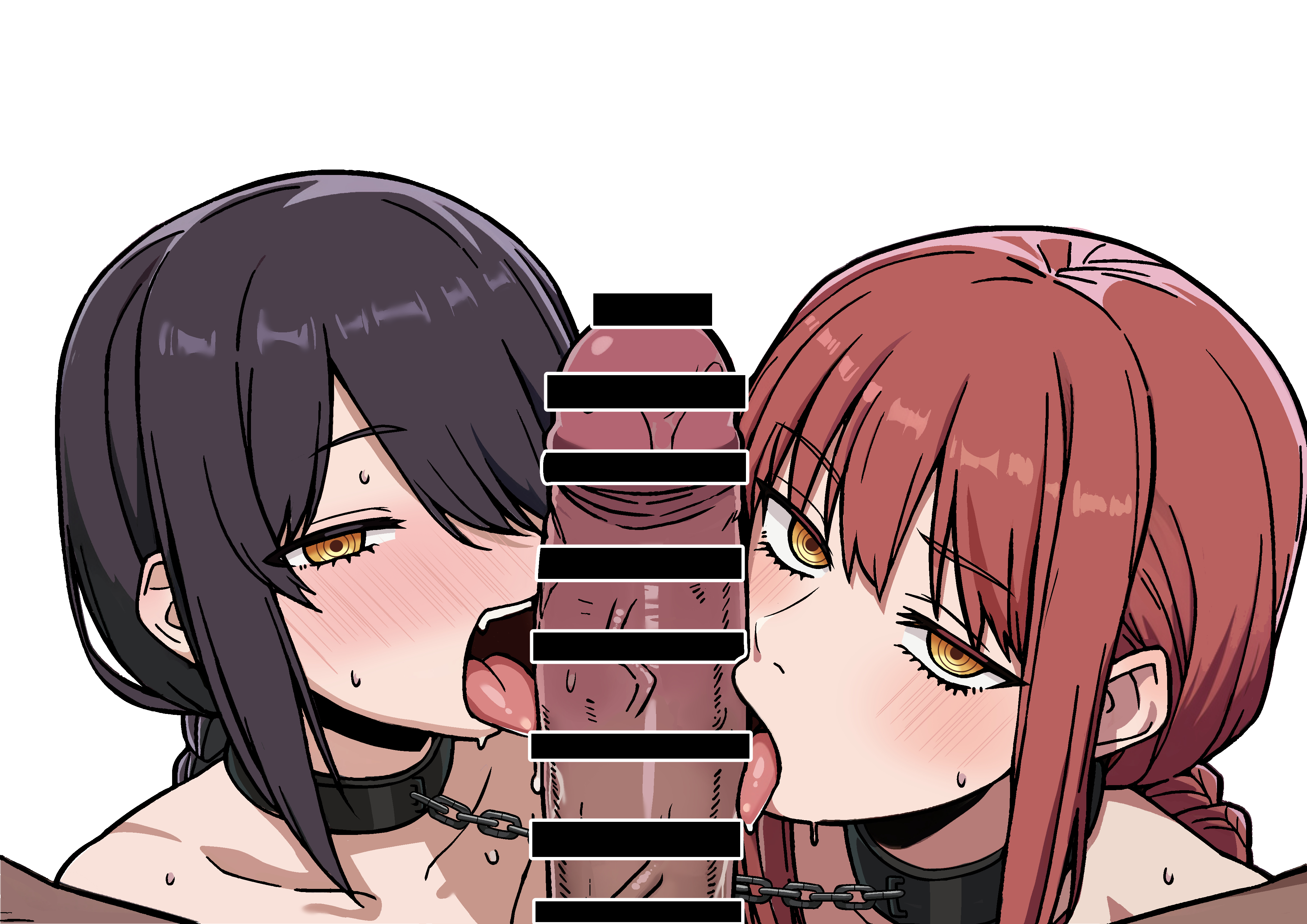 1girls, 2026, 2girls, back hair, big penis, blush, censor bar, censored, censored penis, chains, chainsaw man, collaborative fellatio, collar, dark skin, dark-skinned male, fellatio, ffm threesome, highres, leash and collar, leashed to another, leashed together, light skin, light-skinned female, makima (chainsaw man), male pov, nayuta (chainsaw man), orange eyes, penis, pikumin64, red hair, simple background, slave, sweat, textless version, threesome