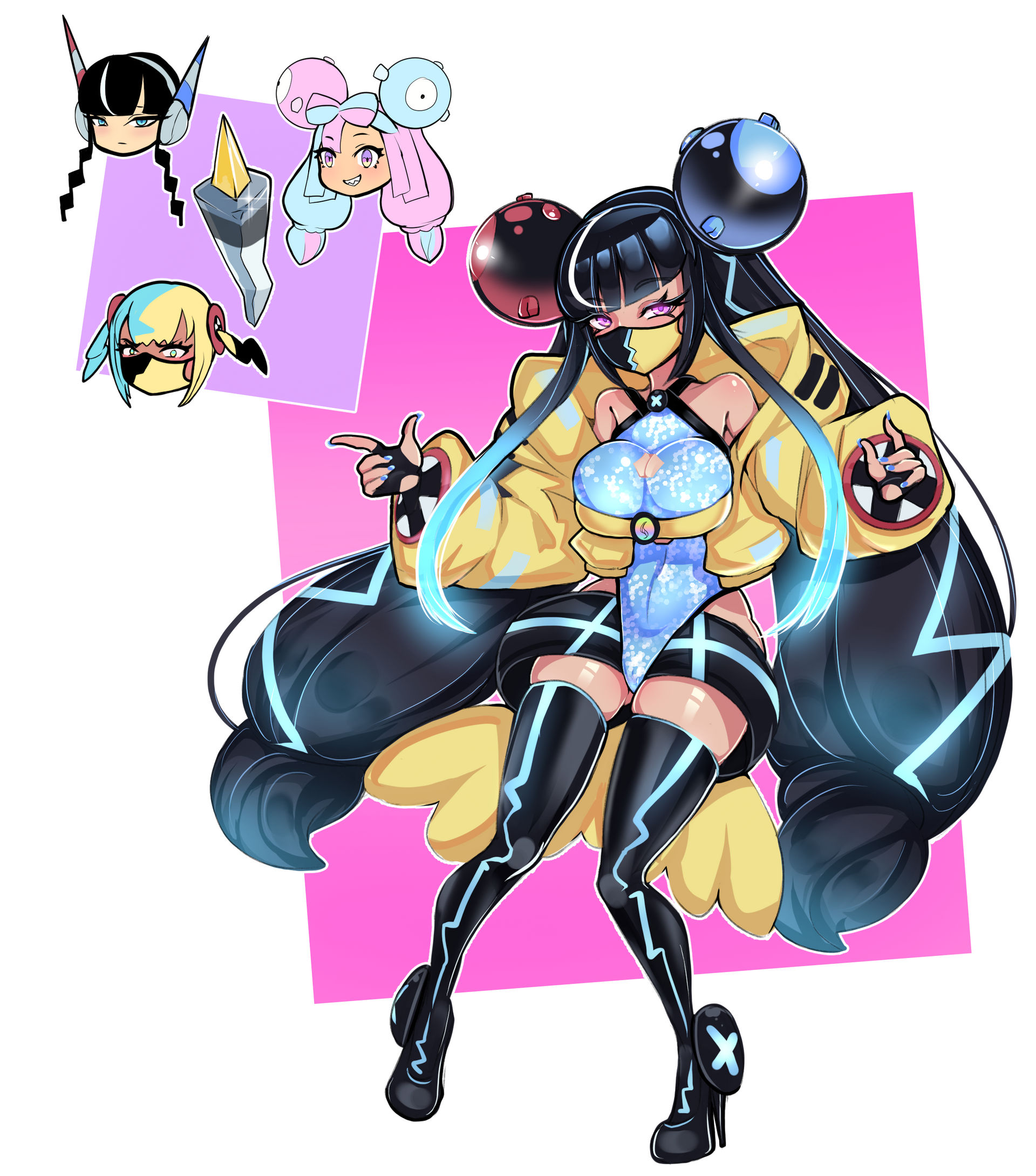 3girls, big breasts, bimboaudino, black hair, breasts, canari (pokemon), canary (pokemon), cleavage, elesa (pokemon), female, female only, fusion, game freak, high heels, iono (pokemon), kamitsure (pokemon bw2), kamitsure (pokemon), long hair, looking at viewer, mask, masked, masked female, nanjamo (pokemon), nintendo, pink eyes, pokemon, pokemon bw, pokemon bw2, pokemon legends: z-a, pokemon sv, tagme, thighhighs, twintails