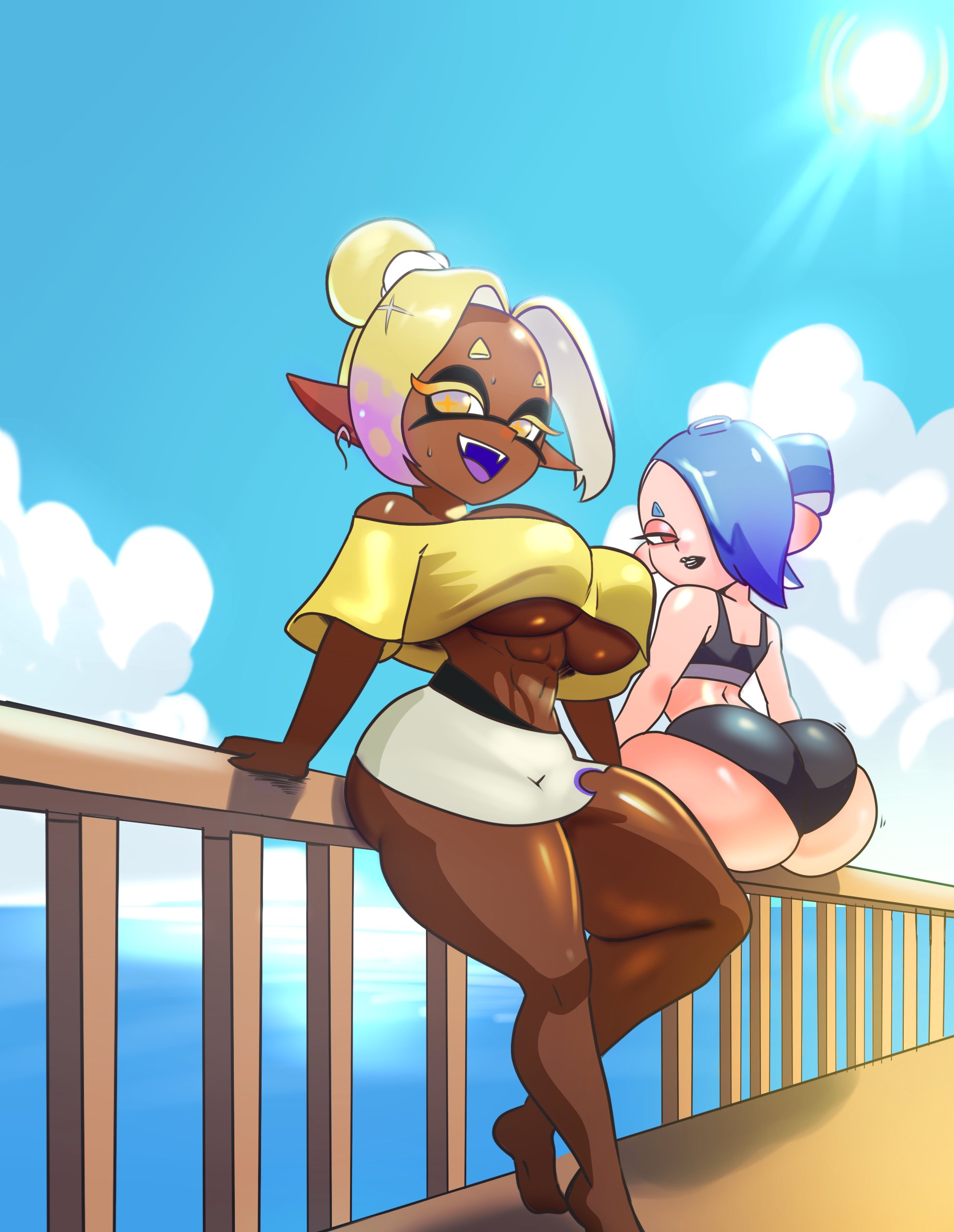 2girls, abs, ass, ass shot, backboob, barefoot, big ass, big breasts, black lips, black lipstick, blue hair, bottomwear, breasts, clothing, crop top, feet, female, female only, frye (splatoon raiders), frye (splatoon), hair, hair over one eye, half-closed eyes, huge ass, lips, lipstick, looking back, pointy ears, red eyes, schnauzercito, shiver (splatoon raiders), shiver (splatoon), smile, splatoon, splatoon (series), splatoon raiders, thick thighs, thighs, topwear, yellow eyes, yellow hair