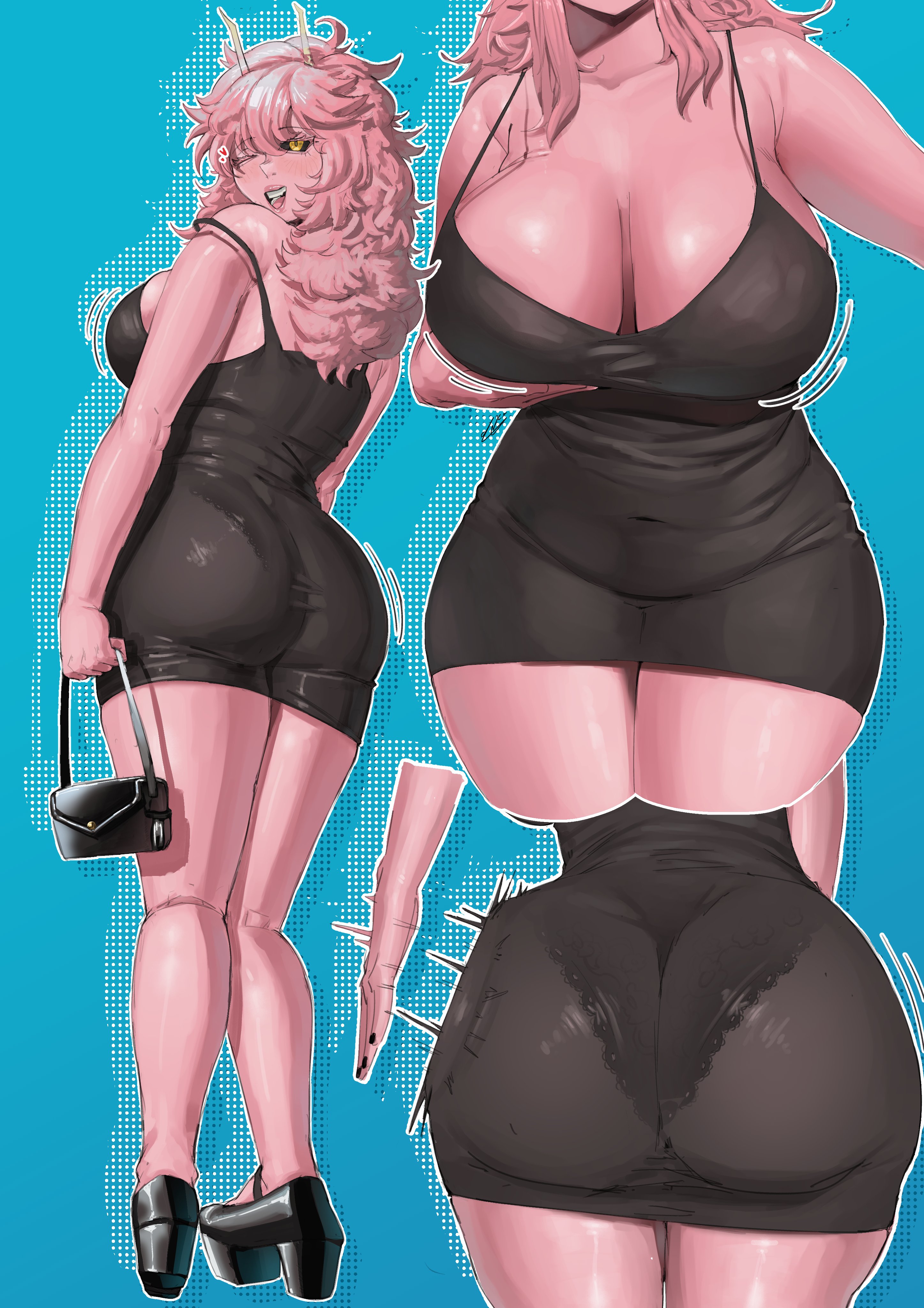1girls, ashido mina time-skip, boku no hero academia, boku no hero academia (finale), dress, duxi517, female, female focus, female only, female thick thighs, long hair, mina ashido, mina ashido time-skip, my hero academia, my hero academia (finale), pink body, pink hair, pink skin, post-timeskip, solo, thick thighs, thighs, wide hips