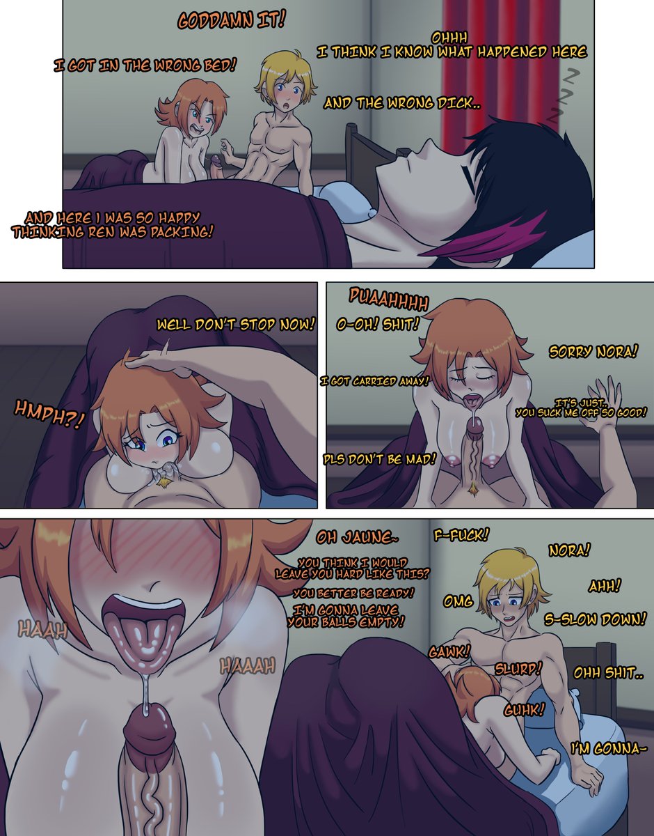 1girls, 2boys, black hair, blonde hair, blue eyes, breasts, bruntgonewrong, comic, english text, female, ginger hair, goneawful, jaune arc, lie ren, male, multiple boys, night, nora valkyrie, penis, rwby, saliva, saliva string, teal eyes, text