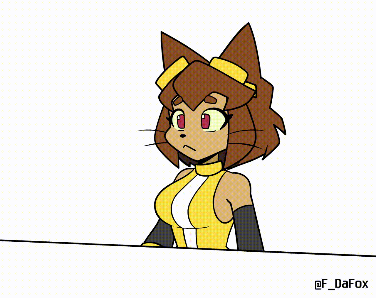 animated, big breasts, breasts, brown hair, cat ears, cat girl, dialogue, f dafox, fair argument but..., flashing breasts, gameoverse, gif, kit (gameoverse), kit bodega, red eyes, satisfied smile, solo