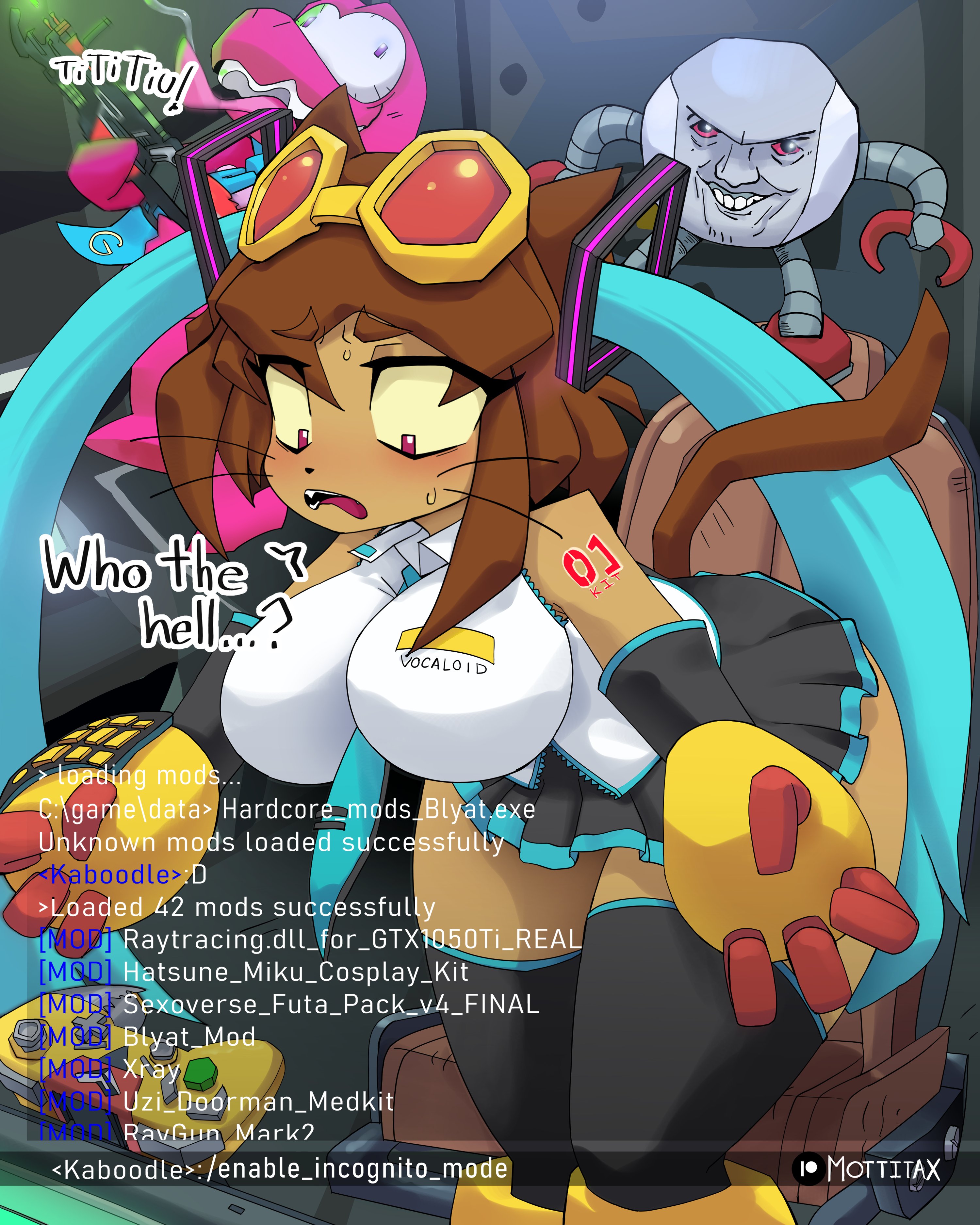 1futa, alternate body type, alternate breast size, anthro, ass, big breasts, breasts, clothed, clothing, cosplay, crossover, english, english text, female, female focus, female to futa, gameoverse, glitch productions, gobbles (gameoverse), hair, hatsune miku (cosplay), huge ass, huge breasts, kaboodle (gameoverse), kit (gameoverse), large ass, large breasts, mottita (artist), patreon logo, patreon username, shirt, sleeveless shirt, text, thick thighs, thighs, tie, transformation, vocaloid, white shirt, wide hips