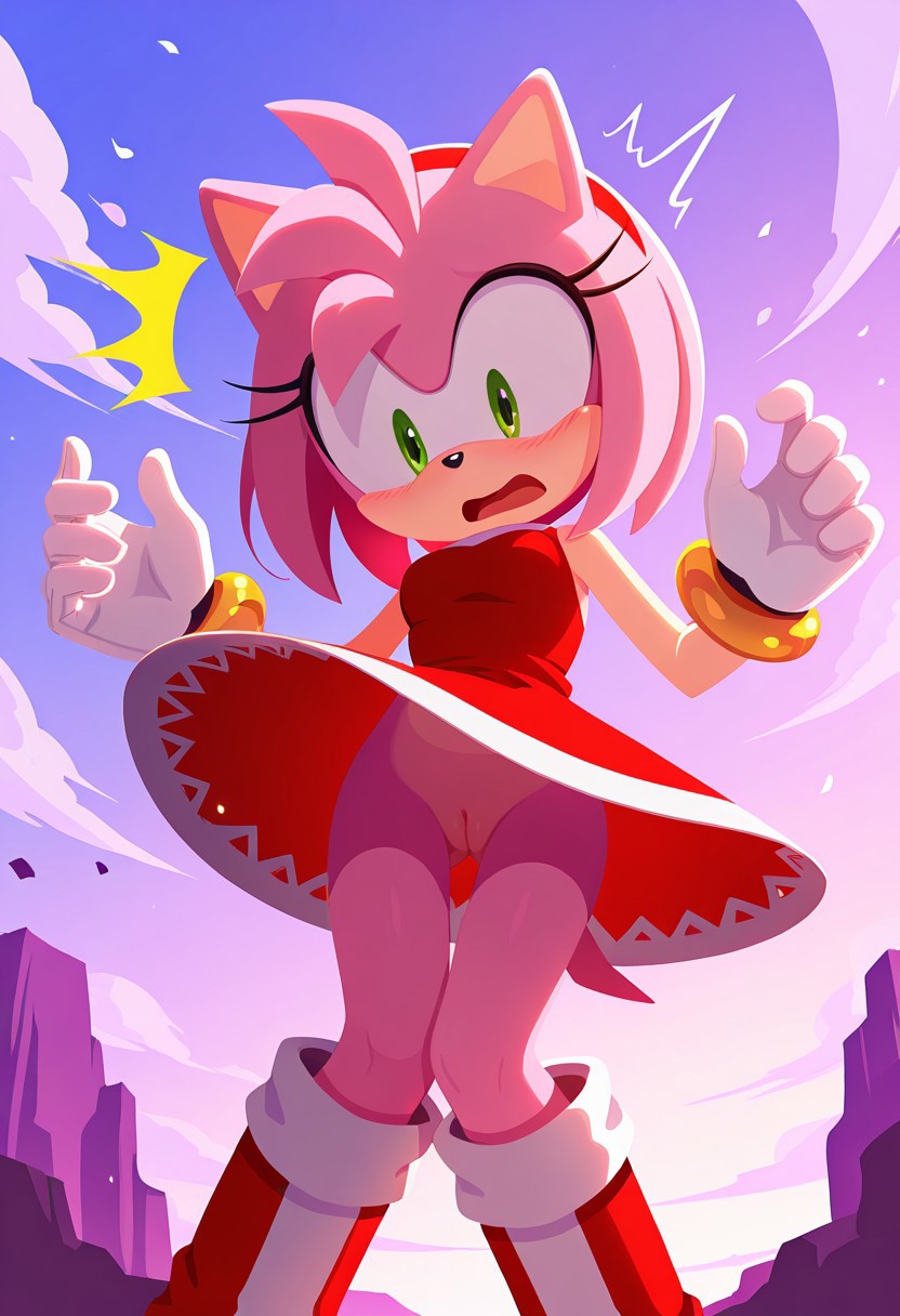 1girls, accidental exposure, ai generated, amy rose, civitai, dress, embarrassed, evilkermit512, gloves, green eyes, hairband, no panties, pink fur, pussy, shoes, solo, sonic (series), stable diffusion, surprised, tail, upskirt, wardrobe malfunction, wind lift