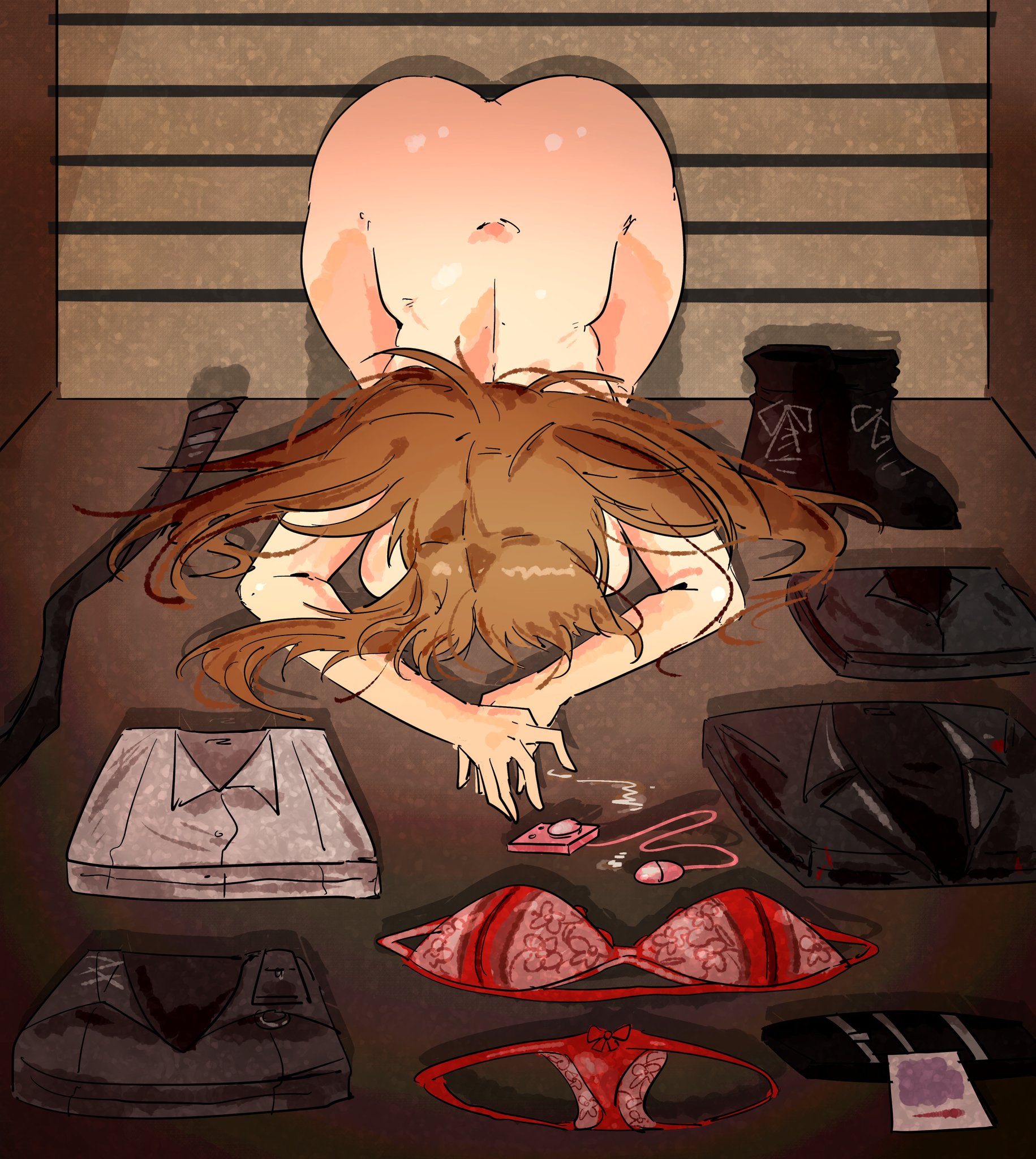 1girls, arczaeon, brown hair, dogeza, female, female only, limbus company, naked dogeza, nude, project moon, rodion (limbus company), solo, solo female, vibrator