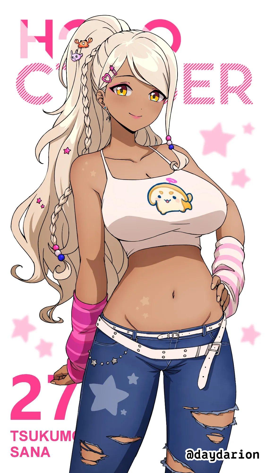 1girls, 2d, 2d (artwork), 2d artwork, adult, adult female, belly, belly button, belt, belt buckle, big boobs, big breasts, blonde, blonde female, blonde hair, blonde hair female, blonde-haired female, breasts, brown skin, brown skinned female, brown-skinned female, busty, busty female, busty girl, cleavage, closed mouth smile, collarbone, dayyo (daydarion/day-chan), digital, digital art, digital drawing, digital drawing (artwork), digital media, digital media (artwork), drawing, ear piercing, earrings, female, female focus, female only, fingernails, fingers, hand on hip, hand on own hip, hand on own waist, hand on waist, hololive, hololive english, hourglass figure, inguinal crease, inguinal ligament, jeans, large boobs, large breasts, lean figure, light smile, lips, lipstick, long hair, looking at viewer, mature, mature female, midriff, narrow waist, navel, pierced ear, pink lips, pink lipstick, ponytail, posing, posing for the viewer, shoulders, simple background, slender body, slender waist, slight smile, slim female, slim waist, smile, smiley face, smiling, smiling at viewer, solo, standing, tank top, thigh gap, thighs, topwear, touching hip, touching waist, tsukumo sana, upper body, virtual youtuber, vtuber, vtuberfanart, wavy hair, white background, white tank top, white topwear, wide hips, yellow eyes, yellow-eyed female