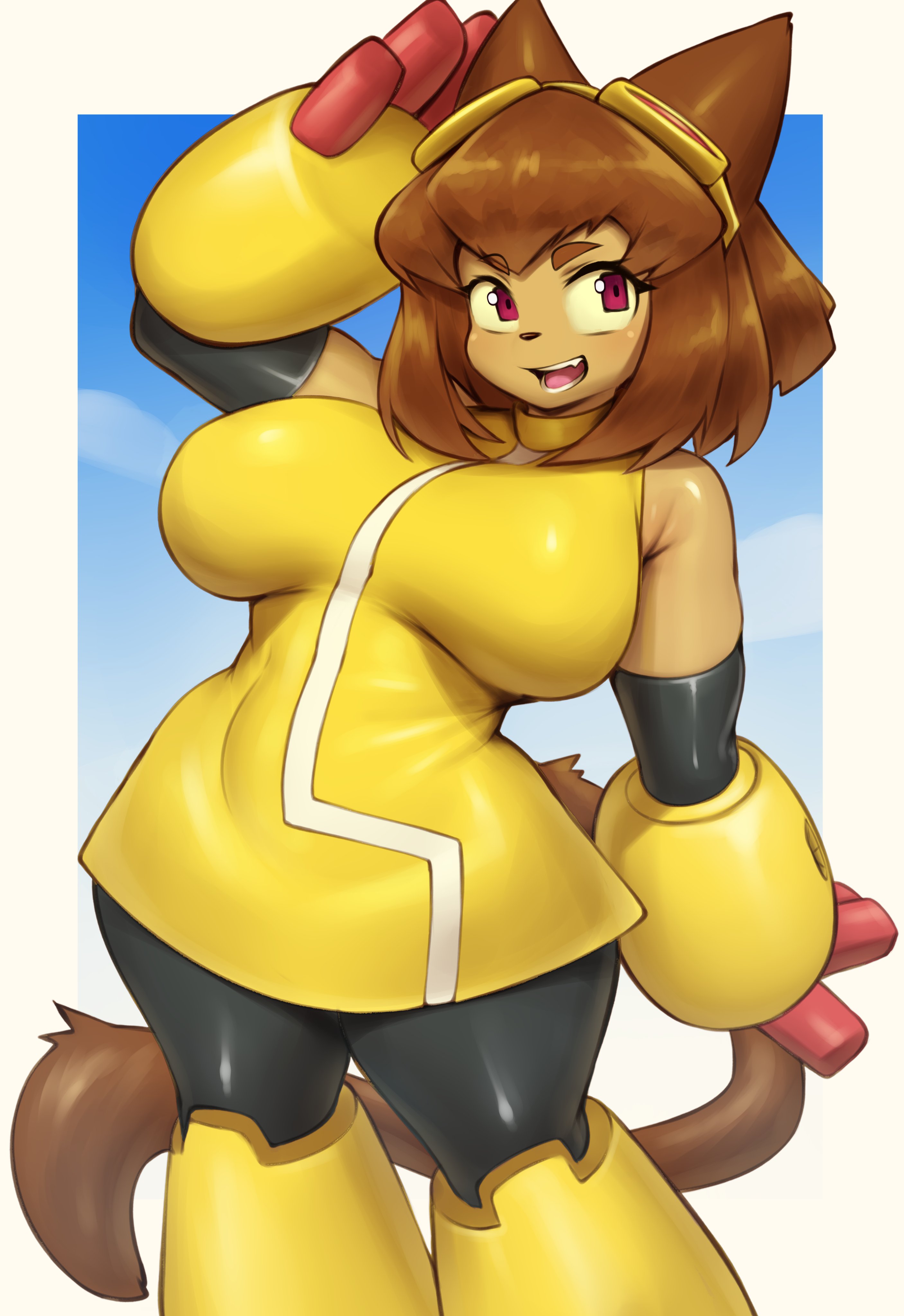 1girls, 2026, big breasts, brown fur, brown hair, cat ears, cat girl, cat tail, catgirl, clothed, clothed female, clothing, female, female only, furry, furry female, furry only, gameoverse, glitch productions, kit (gameoverse), looking at viewer, mleonheart, red eyes, solo, tagme, thick thighs