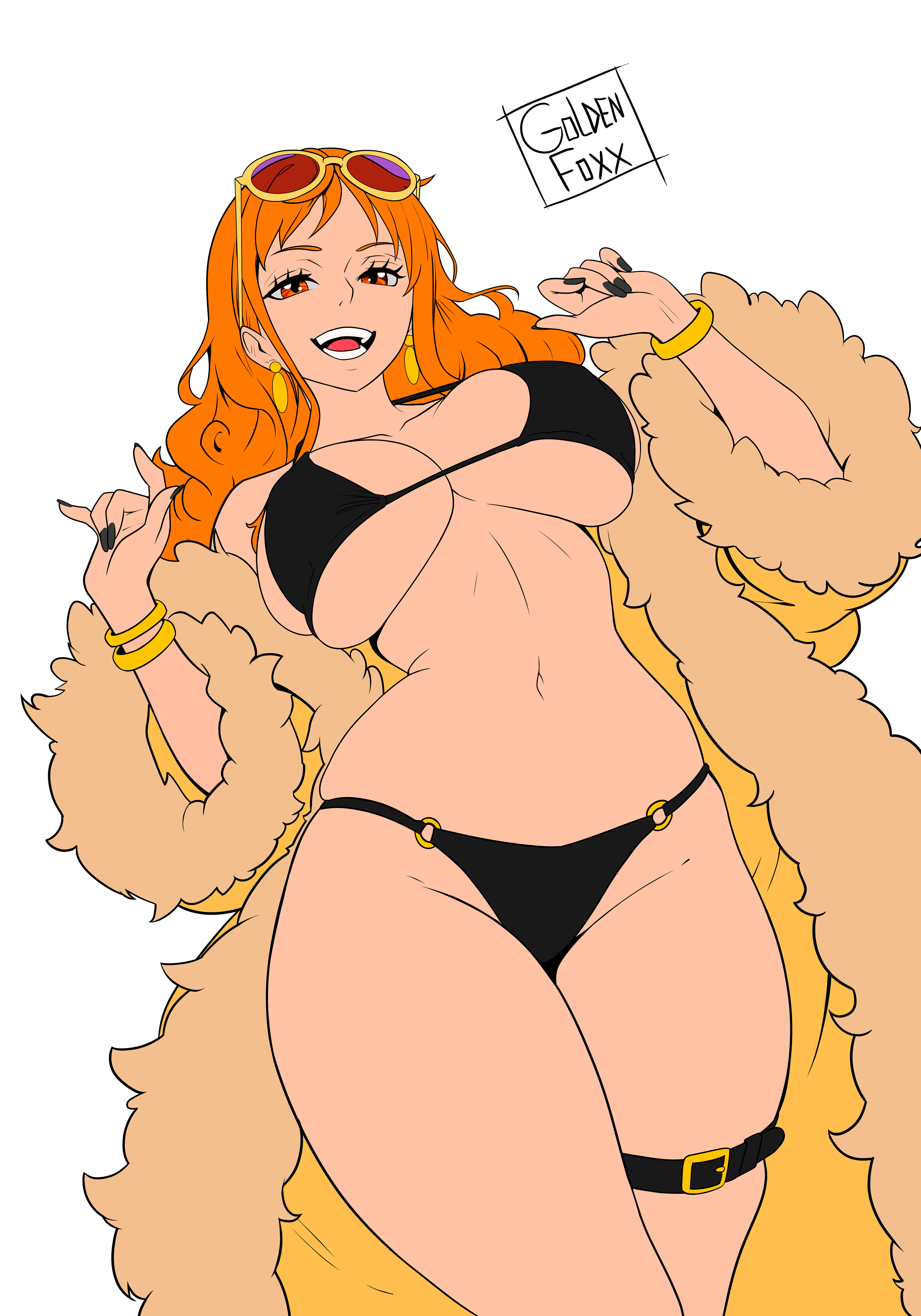 1girl, 1girls, absurdres, bangle, bikini, bracelet, breasts, coat, commentary, earrings, english commentary, eyewear on head, female, female only, fur trim, goldenfoxx, groin, highres, jewelry, large breasts, looking at viewer, nami (one piece), navel, one piece, open clothes, open coat, open mouth, orange eyes, orange hair, orange-haired female, skindentation, swimsuit