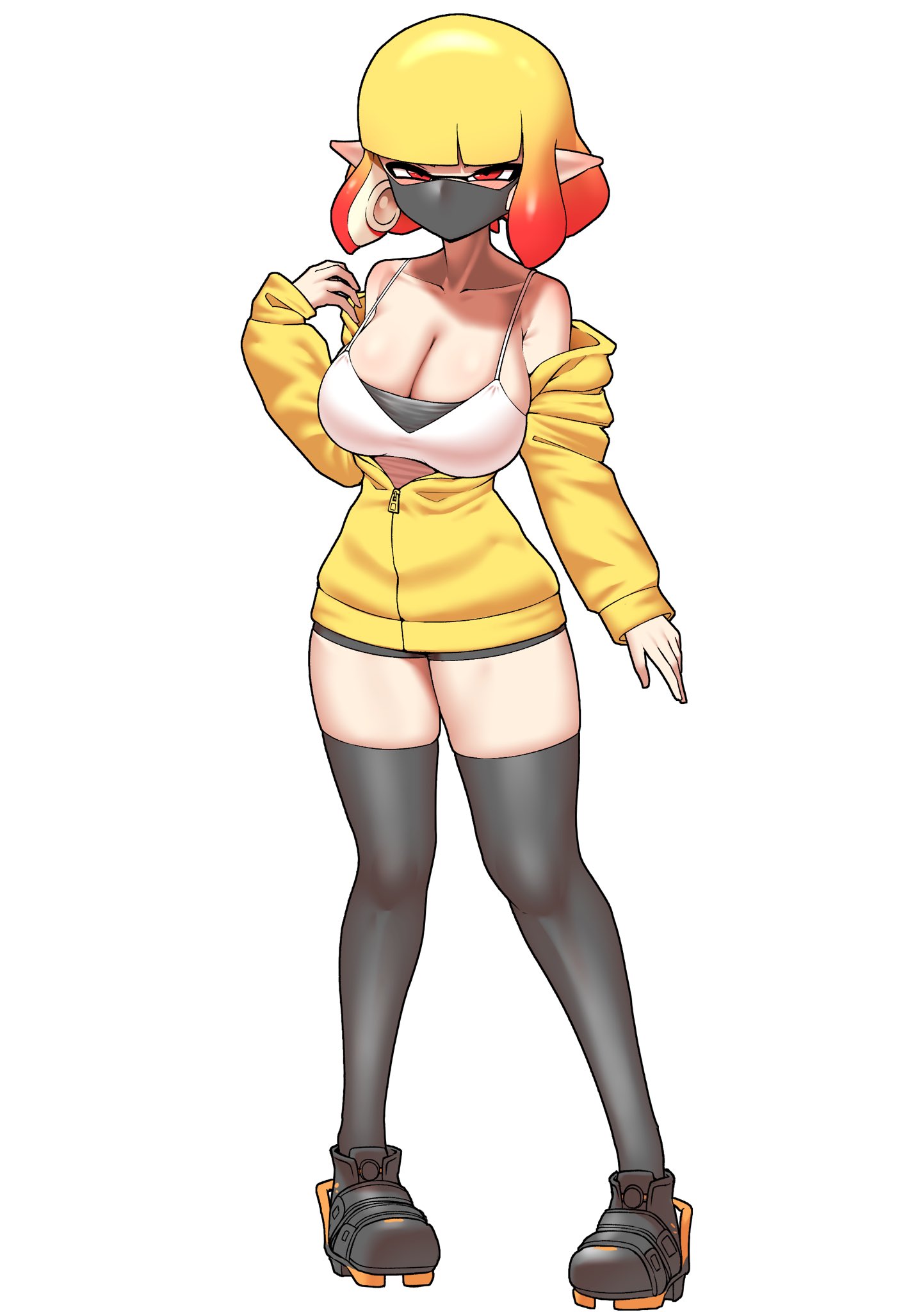 agent 4 (splatoon), big breasts, inkling, inkling girl, masked, nintendo, nobunagapero, orange eyes, peronattu, plump thighs, splatoon, splatoon (series), splatoon 2, splatoon 2: octo canyon, tentacle hair, thighhighs, tights, unzipped jacket, white bra, yellow hair