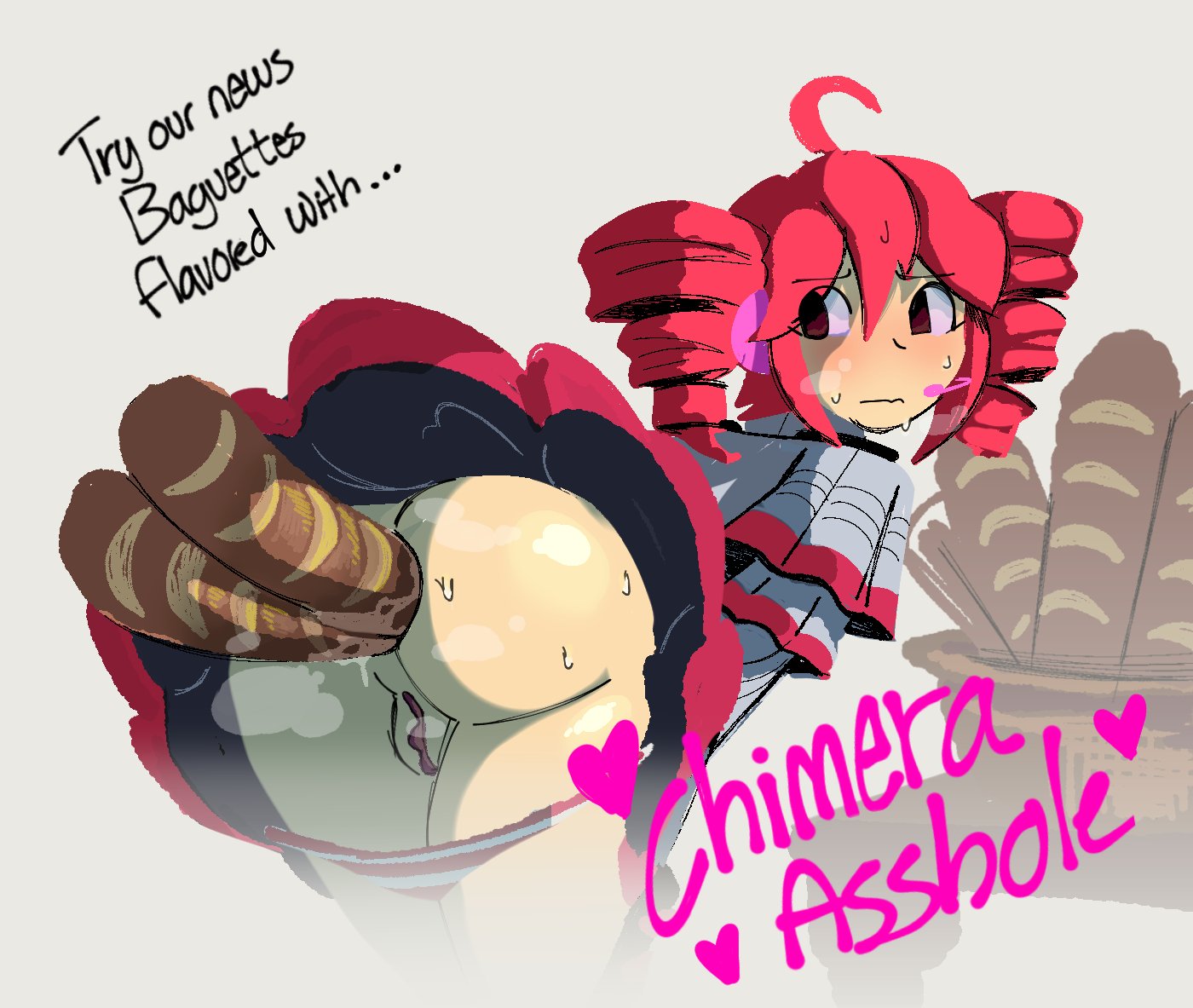 anus, baguette, bread, canned vil, embarrassed, kasane teto, kasane teto (sv), object in ass, pussy, red hair, sweat, synthesizer v, utau, vagina