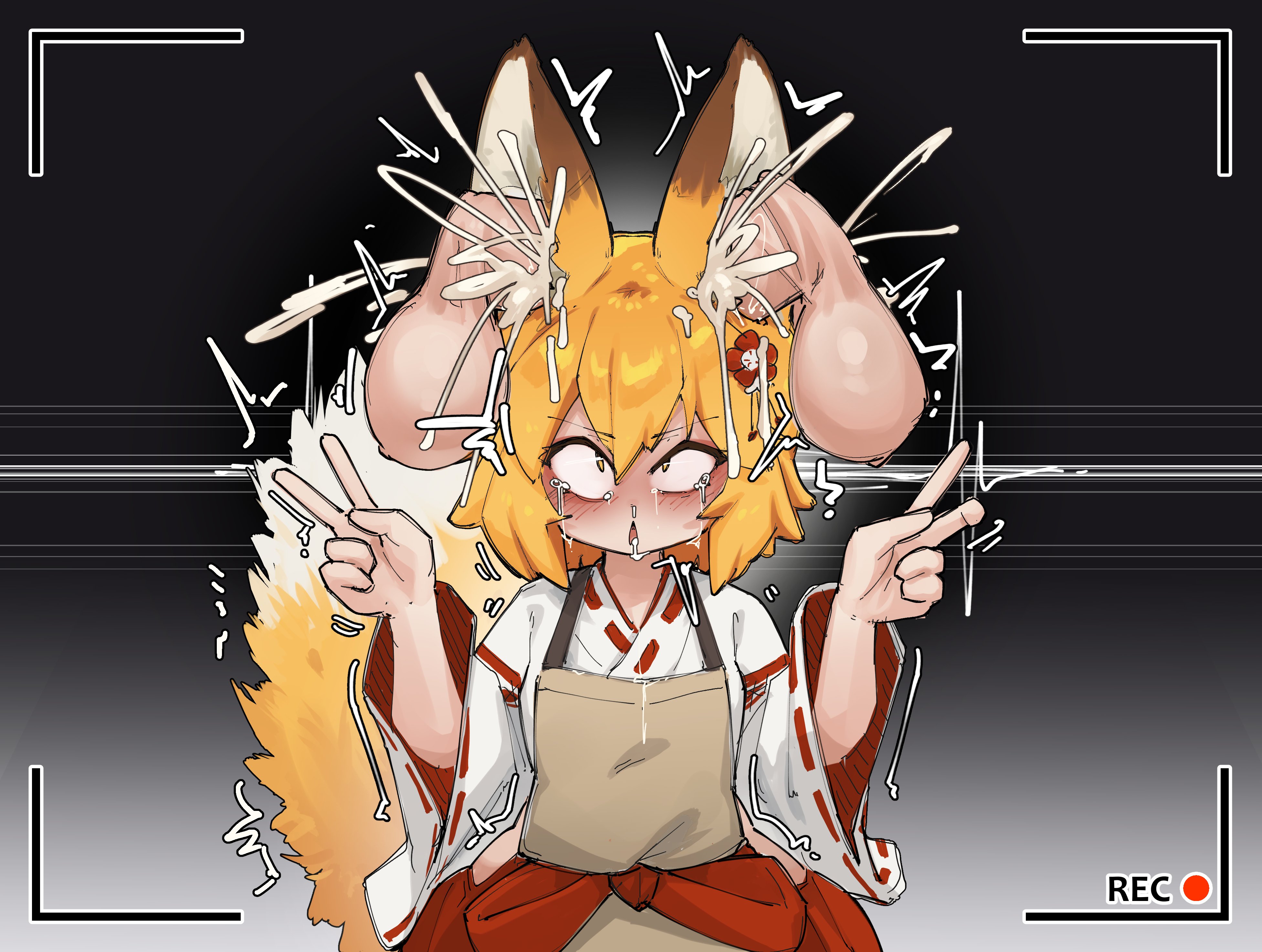 1girls, 2boys, animal ears, balls, balls deep, big ears, big penis, blush, brain fuck, crr001, cum, cum in ear, cum in ears, cum inside, disembodied penis, drooling, ear fuck, ear penetration, fox ears, fox girl, fox tail, hair ornament, mindfuck, open mouth, peace sign, penis, recording, recording video, senko (sewayaki kitsune no senko-san), sewayaki kitsune no senko-san, shoulder length hair, tail, tears, yellow eyes, yellow hair