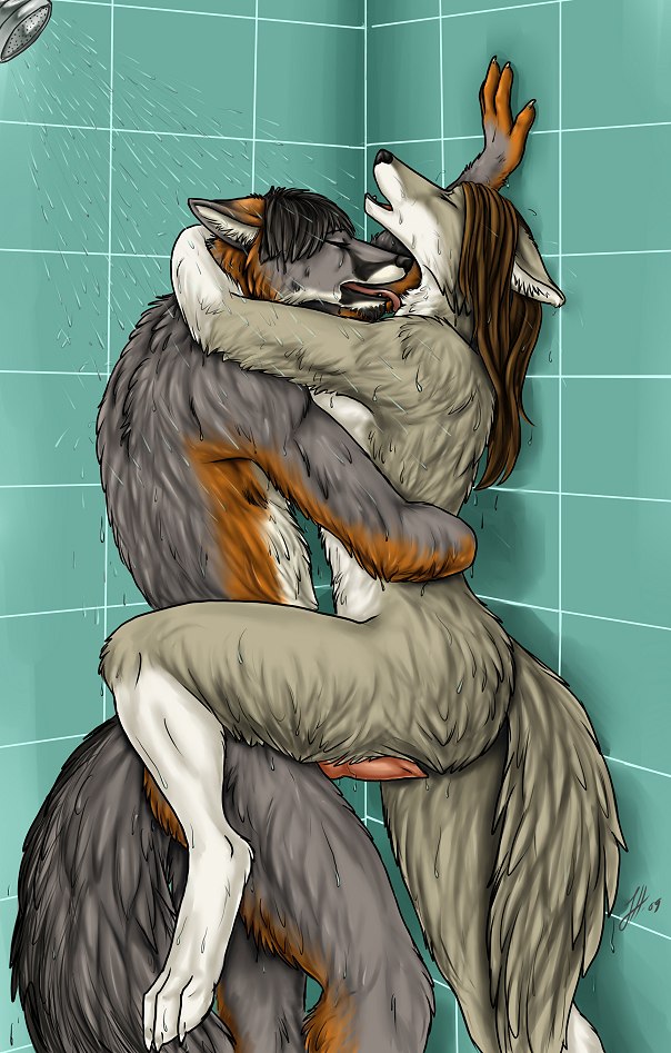 2009 anthro ass buttjob canine couple erection female fox fur furry grey grey_fox grinding intimate knot licking linsey_huish love male nude outercourse penis push raised_leg romantic romantic_ambiance romantic_couple rubbing sex shower sidian straight tail teasing tongue wall water wet wolf