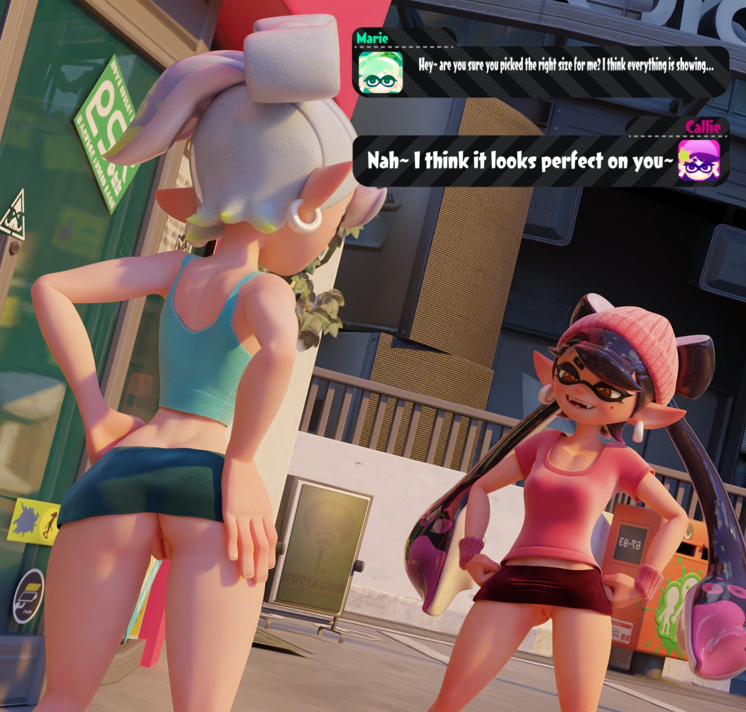 2girls, 3d, callie (agent 1 casual), callie (mandalafurikake), callie (splatoon), english dialogue, english text, marie (agent 2 casual), marie (splatoon), marie (wo262), sheer clothing, splatoon, too small clothes, tristishw, wo262 (3d model style)