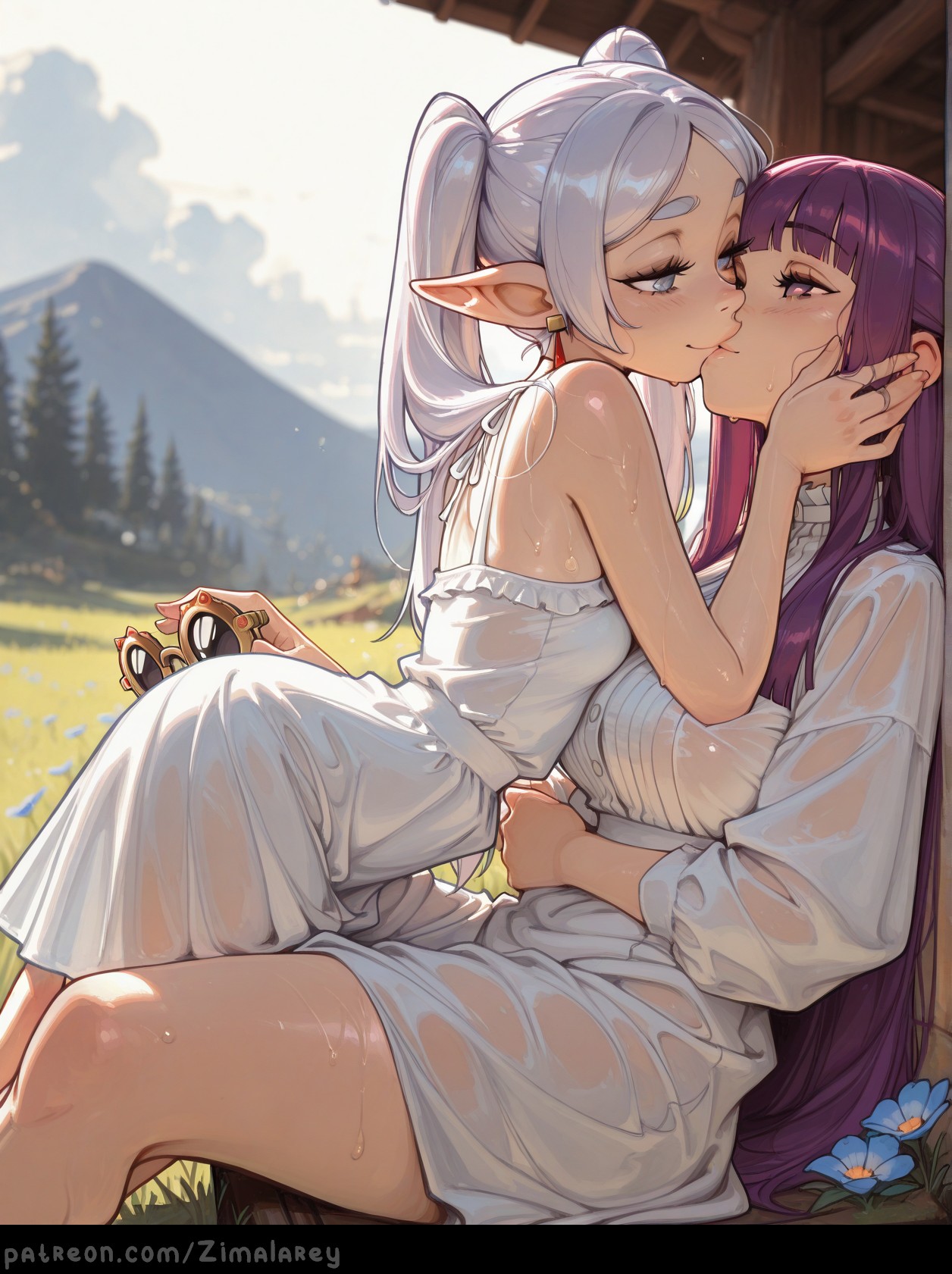2girls, ai generated, artist name, bare shoulders, blunt bangs, blush, breasts, dress, drop earrings, earrings, elf, fern (sousou no frieren), flower, frieren, frieren (sousou no frieren), frieren beyond journey's end, hi res, high quality, high resolution, highres, jewelry, kiss, large breasts, long hair, long sleeves, looking at another, mountain, mountainous horizon, outdoors, parted bangs, patreon username, pointy ears, purple eyes, purple hair, see-through, sitting, small breasts, smile, sousou no frieren, tree, twintails, web address, wet, wet clothes, wet dress, white dress, white hair, yuri, zimalarey