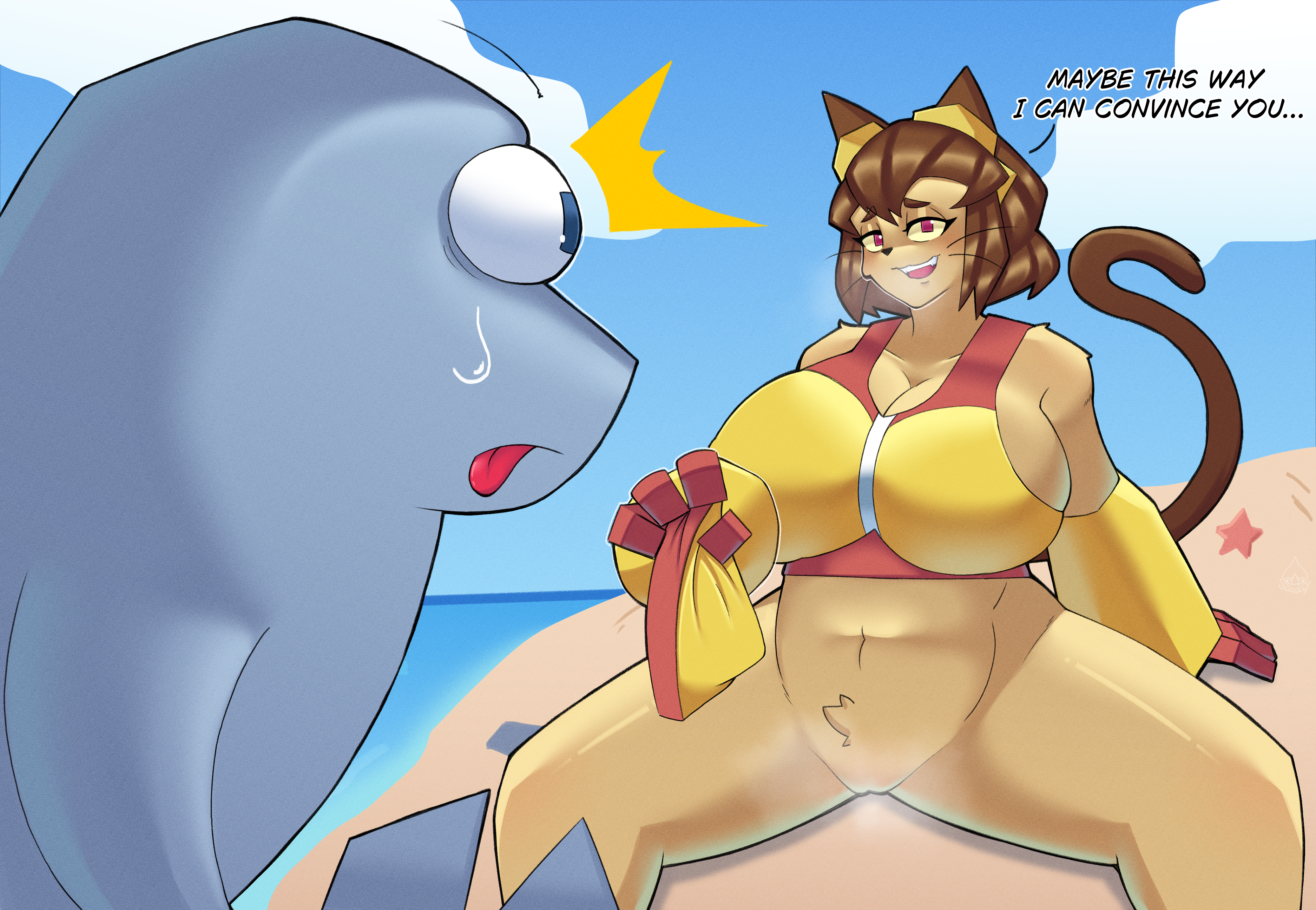 2d, 2d (artwork), 2d artwork, absurd res, anthro, big breasts, big butt, blush, bottomless, bottomless female, breasts, brown body, brown fur, butt, clothed, clothing, digital drawing (artwork), digital media (artwork), domestic cat, drawing, drawn, duo, english, english text, felid, feline, felis, female, flappers (gameoverse), fur, gameoverse, genitals, glitch productions, hair, hi res, kit (gameoverse), mammal, partially clothed, scarabby, scarabbyv2, tail, text, vulva, yellow body, yellow fur