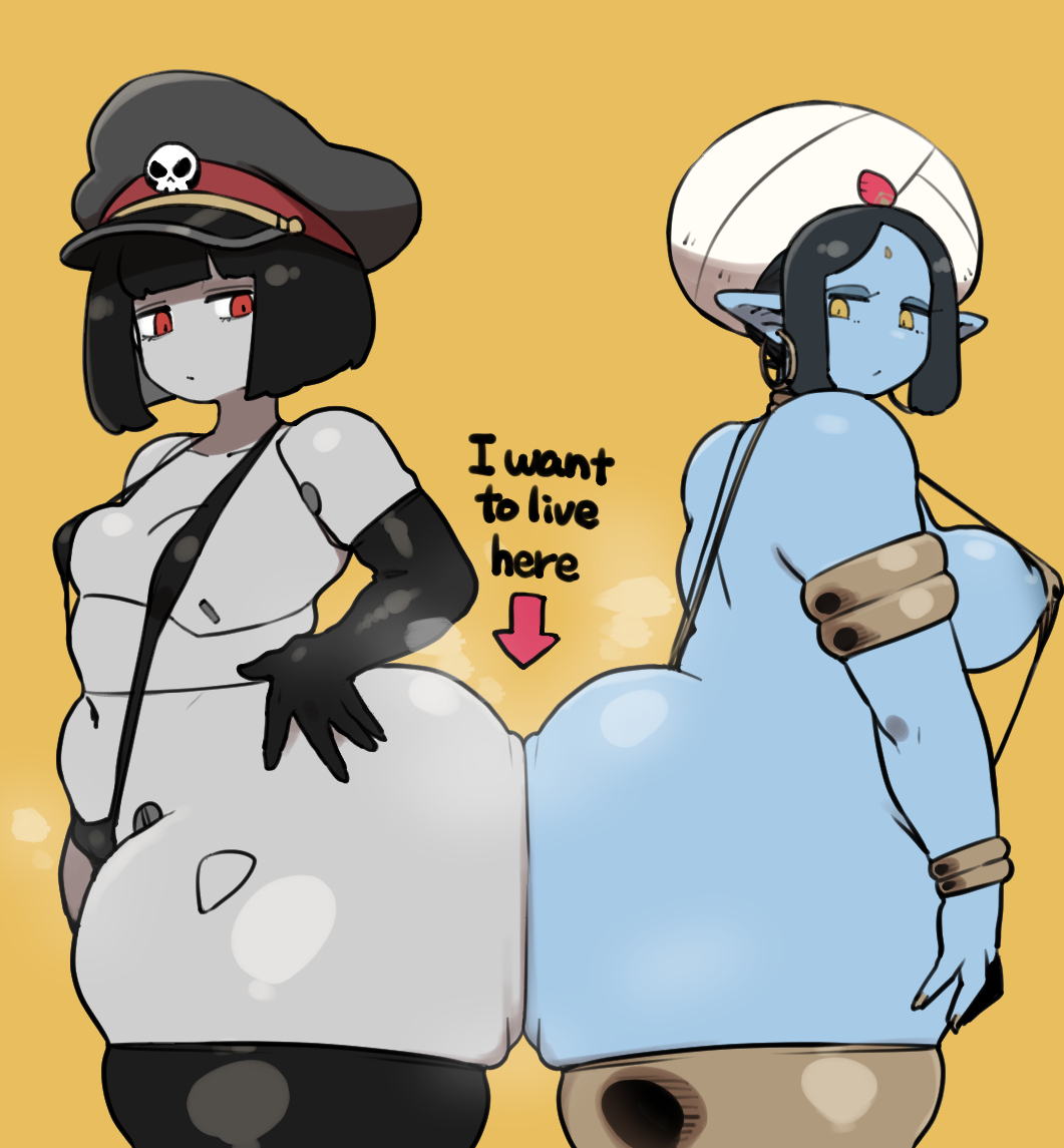 2girls, armwear, ass, belly, belly button, belly overhang, big ass, big belly, big belly button, big belly girl, big breasts, big butt, big navel, blue skin, bottom heavy, breasts, butt, chubby, chubby female, digital drawing (artwork), digital media (artwork), dumptruck ass, dumptruck butt, fat, fat ass, fat butt, fat female, genie (harusame10000), genie (siva-siva), hamo03 x, harusame10000, huge ass, huge belly, huge belly button, huge breasts, huge butt, huge navel, large ass, large belly, large breasts, large butt, navel, overweight, overweight female, robot commander (bingbingzi), robot girl, sagging belly, sagging breasts, simple background, small breasts