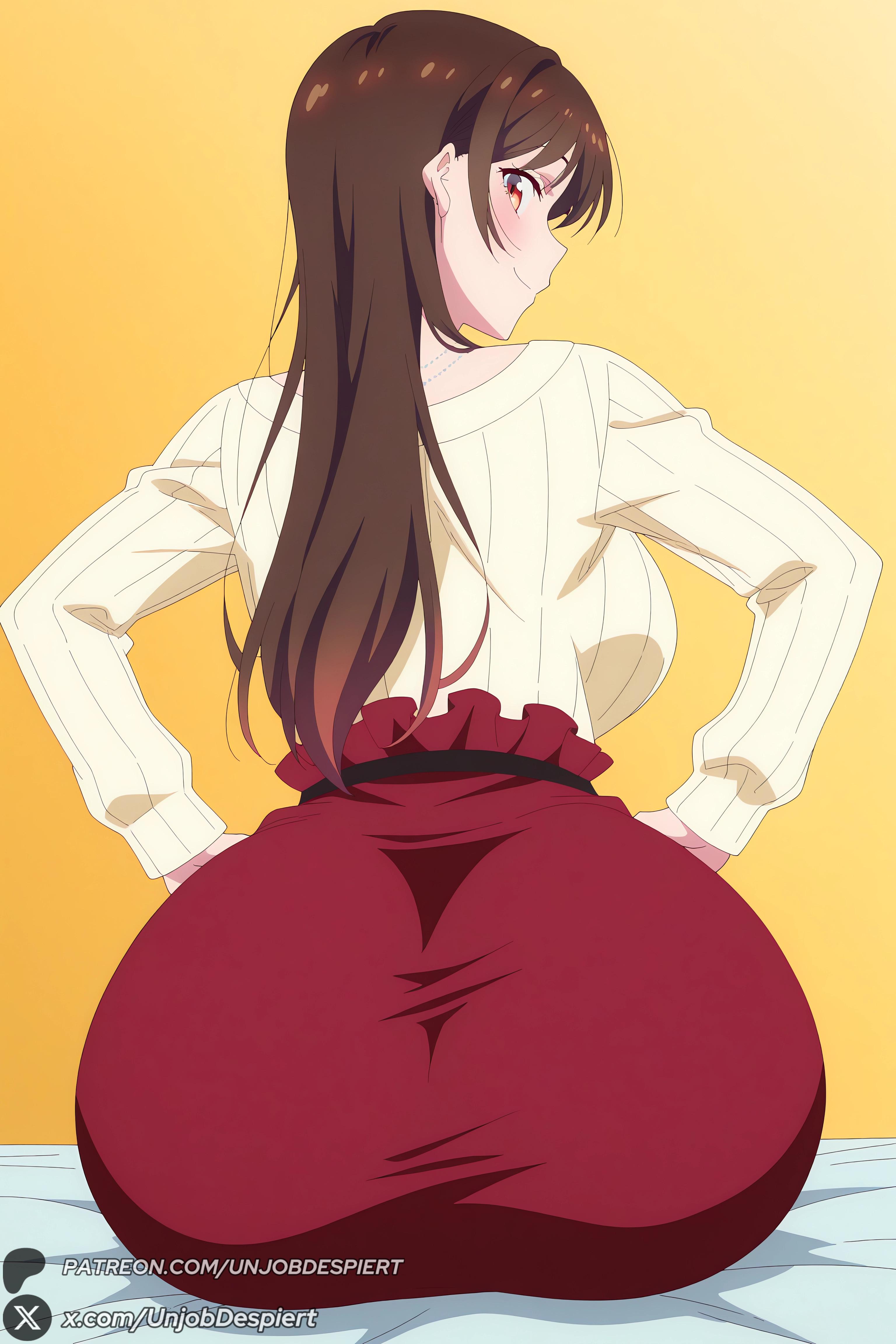 1female, 1girl, 1girls, 2026, ai generated, artist name, ass, bangs, big ass, big breasts, blush, breasts, brown eyes, brown hair, chizuru mizuhara, closed mouth, curvy, female, female only, from behind, hi res, high quality, high resolution, highres, huge ass, huge breasts, jewelry, kanojo okarishimasu, large breasts, long hair, long sleeves, looking at viewer, looking back, mizuhara chizuru, necklace, patreon, patreon username, red eyes, red skirt, rent a girlfriend, ribbed sweater, sitting, skirt, smile, solo, sweater, unjobdespiert, watermark, yellow background