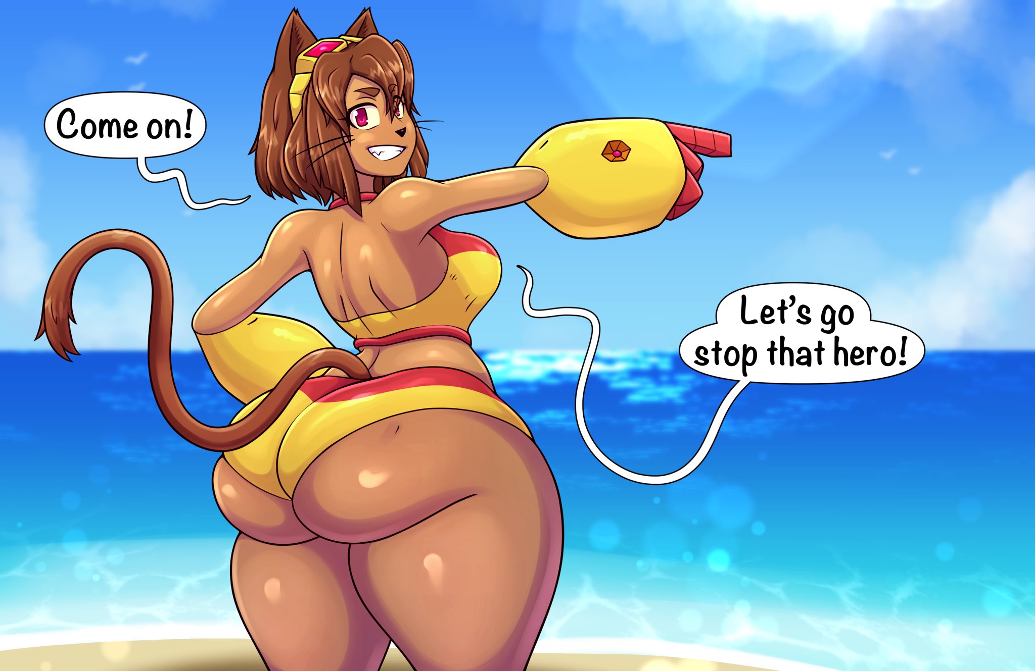 1pervydwarf, back view, big ass, booty, brown hair, brown skinned female, cat ears, cat tail, curvy, curvy female, dialogue, english text, gameoverse, hand on hip, kit (gameoverse), looking at viewer, looking back, medium breasts, pointing, short hair, solo, speech bubble, swimsuit, text, thick ass, thick thighs, wide hips, yellow clothing