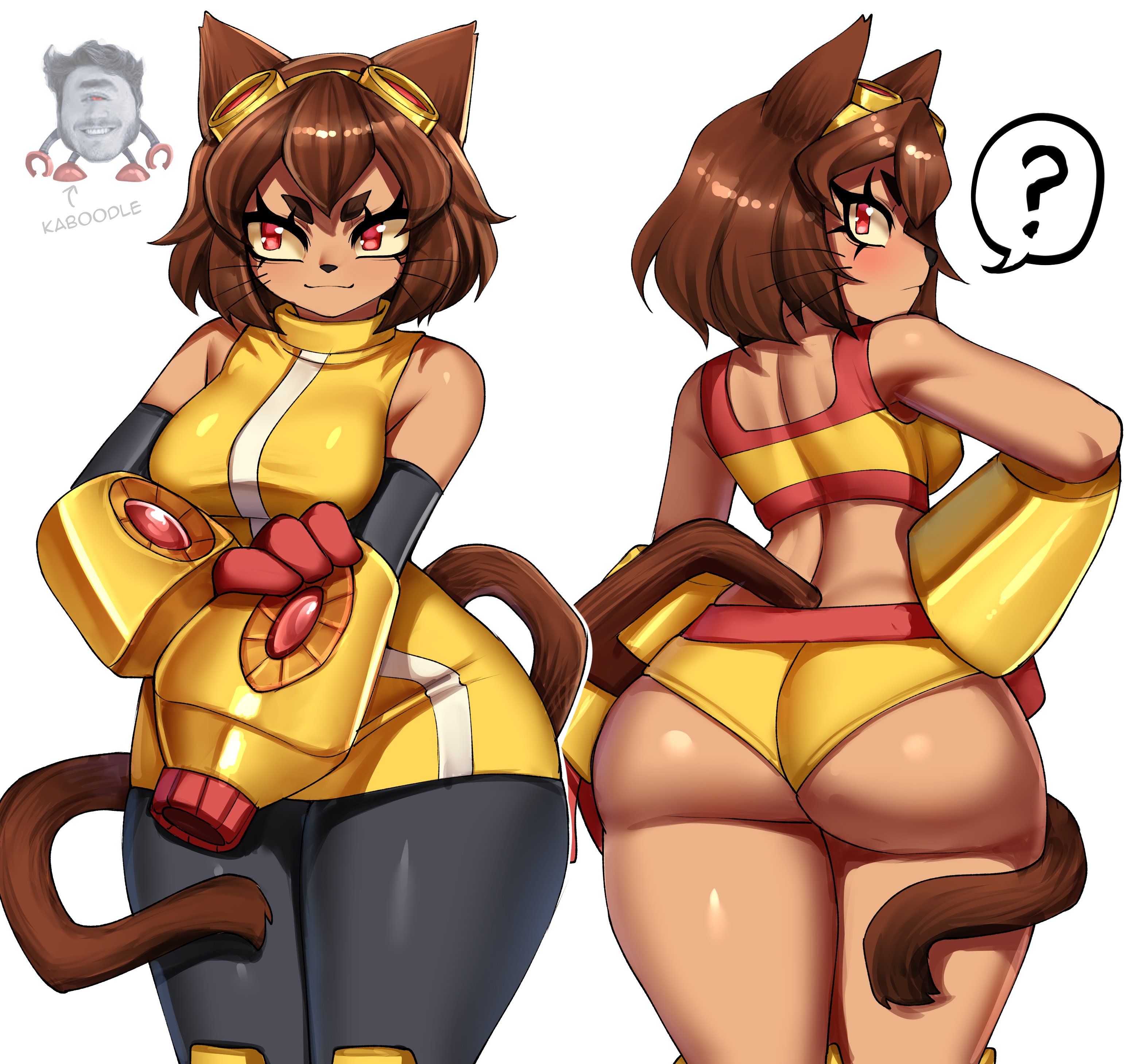 arm cannon, back view, big ass, booty, brown hair, brown skinned female, cat ears, cat tail, curvy, curvy female, front view, gameoverse, hand on hip, kaboodle (gameoverse), kit (gameoverse), medium breasts, rageman709, short hair, thick ass, thick thighs, wide hips, yellow clothing