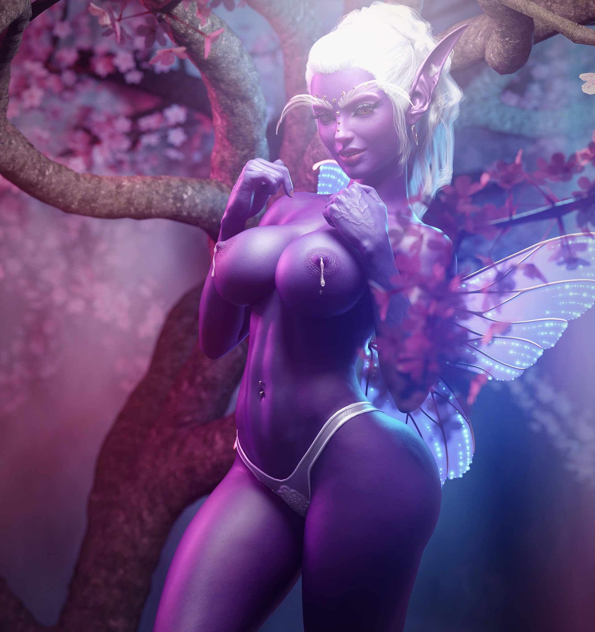 1girls, 3d, big breasts, breasts, curvaceous, curvy body, curvy figure, elf ears, elf female, erect nipples, fairy wings, female, female focus, female only, looking at viewer, muscular, muscular female, nipple bulge, nipple piercing, nipples, noahgraphicz, original, original characters, piercing, pointy ears, ponytail, purple skin, tagme, thong, voluptuous female, white hair