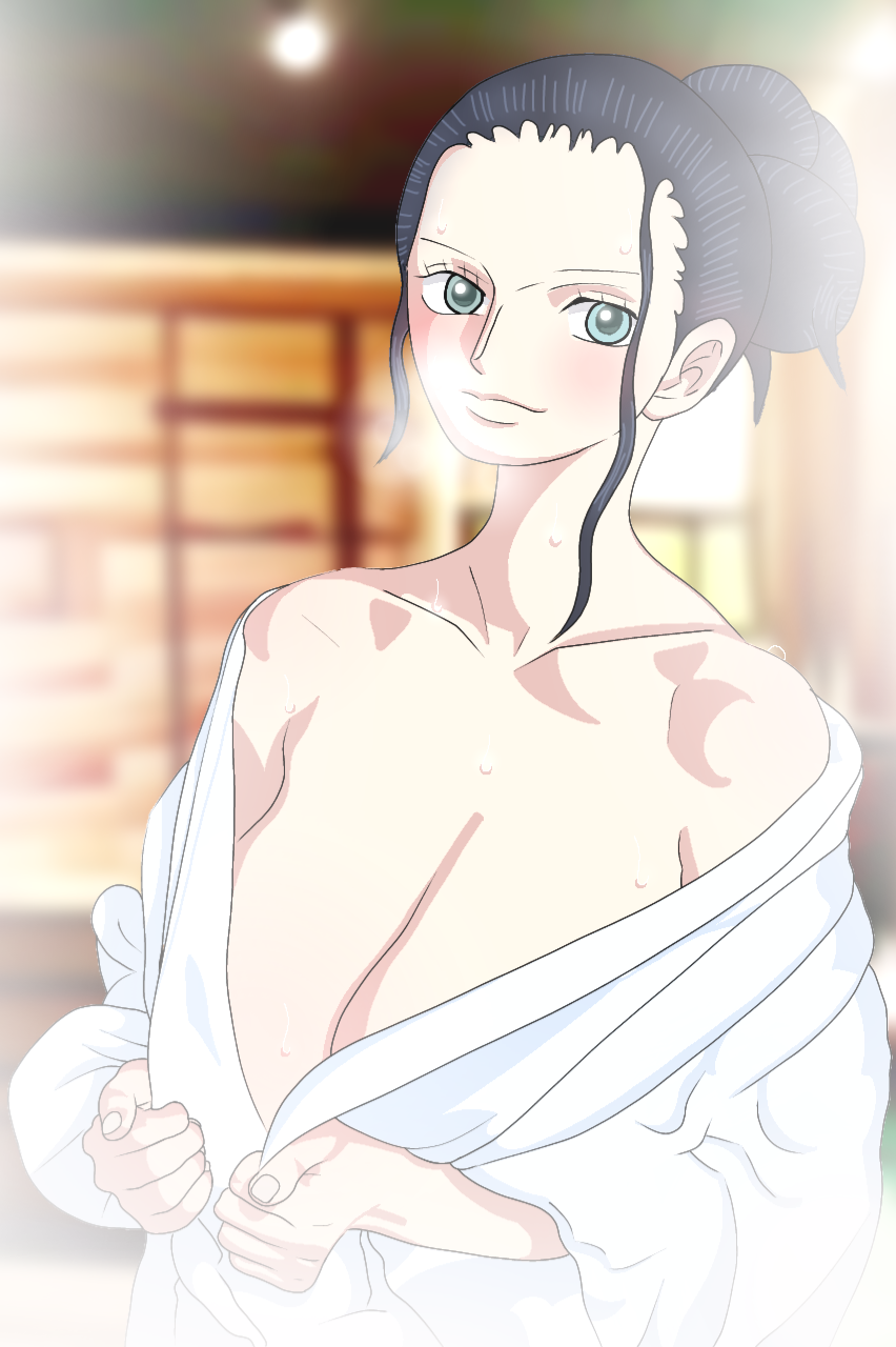 bathhouse big_breasts black_hair blue_eyes blush breasts colarbone eyelashes female female_only fog foggy heat heat_(temperature) huge_breasts lips looking_at_viewer nico_robin one_piece randmat revealing_clothes revealing_outfit smile smiling sweat towel towel_drop wet_body wet_breasts wet_hair wet_head