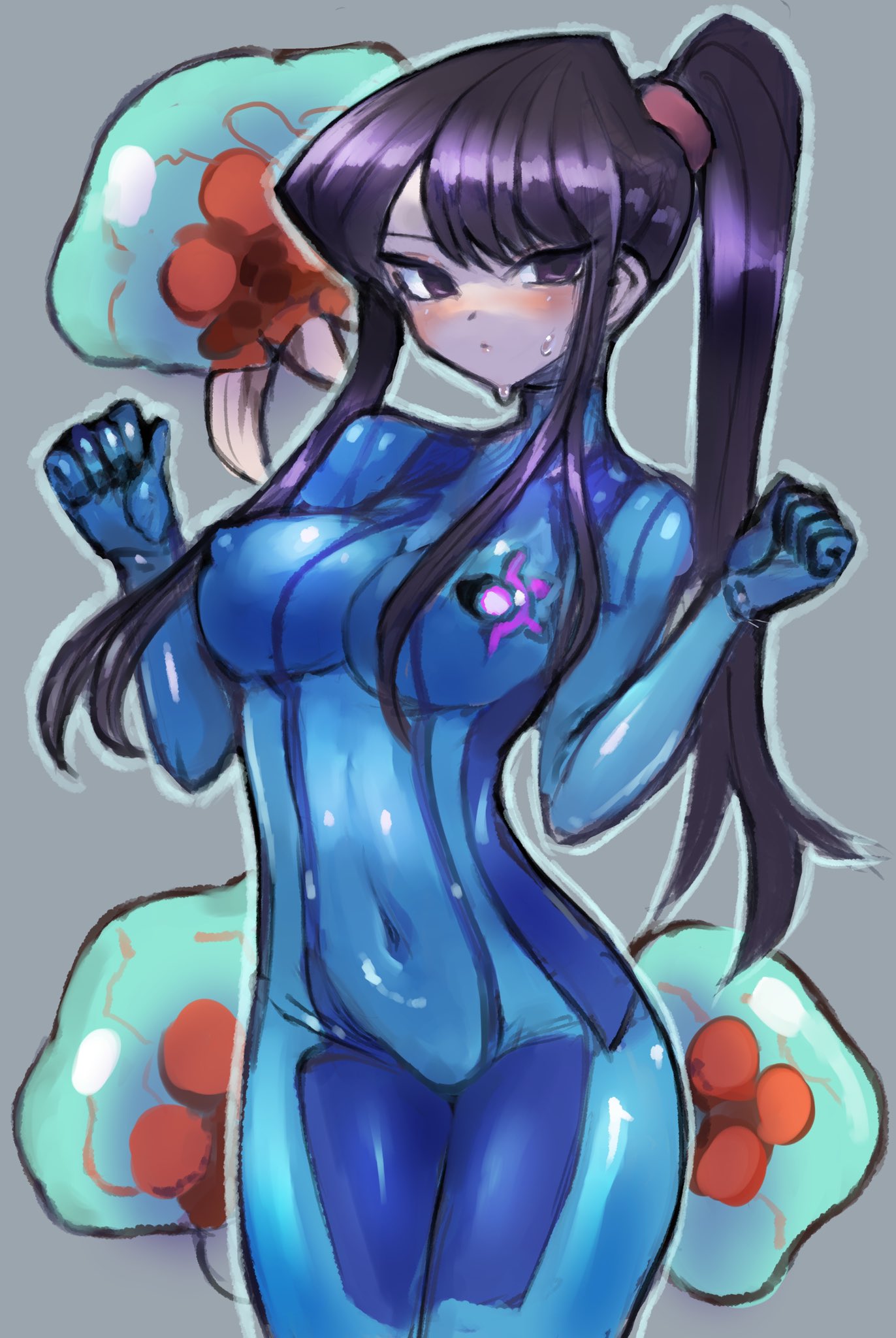 alternate_costume binelu01 black_hair blush bodysuit breasts cosplay dakusuta embarrassed erect_nipples komi-san_wa_komyushou_desu komi_shouko long_hair looking_at_viewer medium_breasts metroid metroid_(creature) nintendo nipple_bulge nipples samus_aran_(cosplay) zero_suit