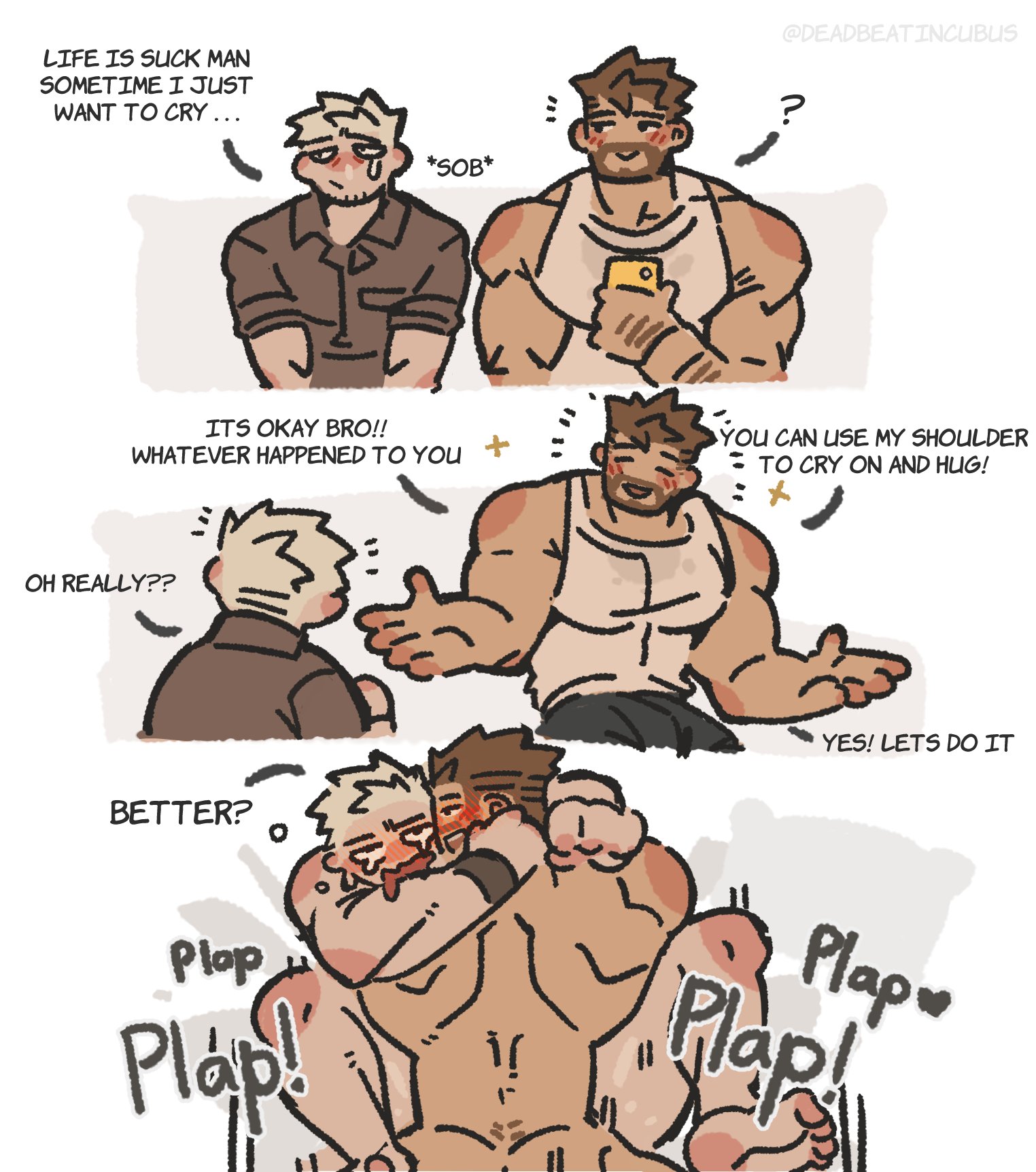 abs, anal, anal sex, ass, back, back muscles, bara, beard, big dom small sub, big muscles, blonde hair, blush, brown hair, carrying, carrying partner, comforting, crying, daddy, deadbeatincubus, dilf, dominant, dominant male, english text, gay, hair, holding partner, hug, human, human dominating human, human on human, human penetrating human, larger human, larger male, male, male only, male penetrating male, male/male, muscles, muscular, muscular human, muscular male, navel, nipples, nude, pants, pecs, penetration, penis, penis in ass, sex, size difference, smaller human, smaller male, smaller penetrated, stand and carry position, standing, standing sex, submissive, submissive human, submissive male, sweat, tank top, tears, text, yaoi