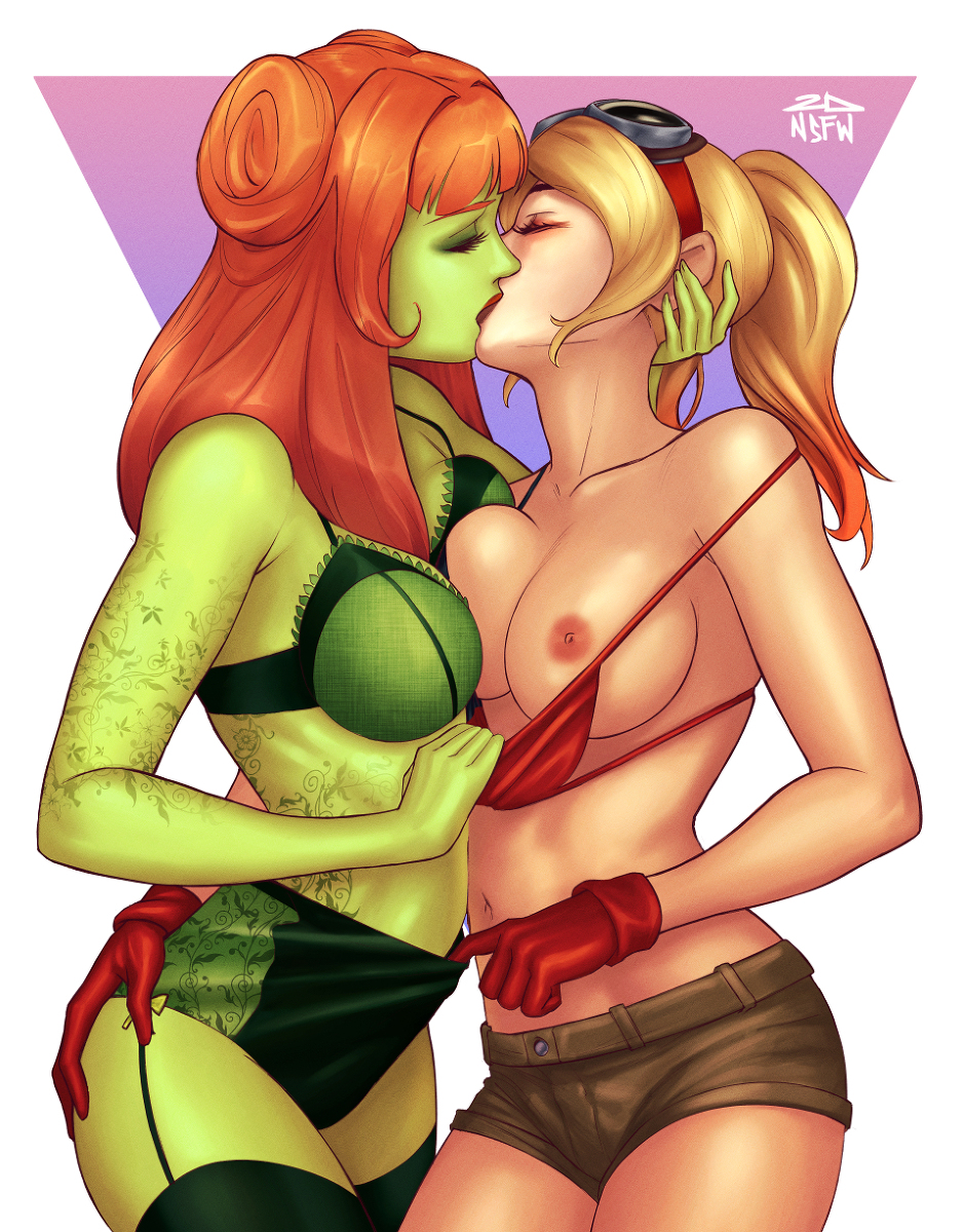 2d 2dnsfw 2girls bikini_top blonde_hair breasts breasts_out canon_couple clothed dc dc_comics exposed_breasts female_only green-skinned_female green_skin hand_on_ass harley_quinn hi_res homosexual homosexual_female imminent_sex kissing lesbian lesbian_kiss light-skinned_female light_skin looking_pleasured multiple_girls pamela_isley passionate poison_ivy red_hair simple_background undressing undressing_another yuri