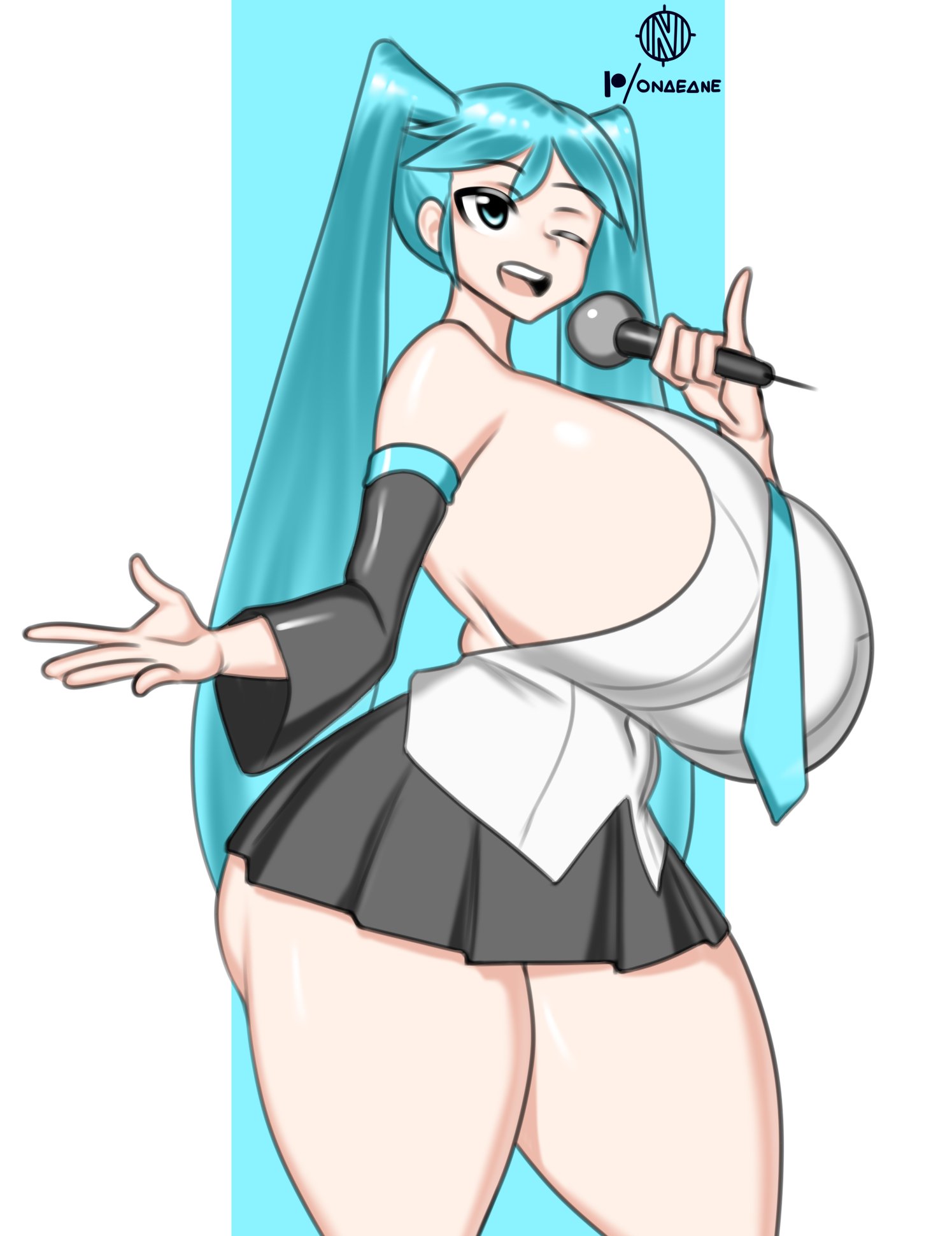 1girl, 1girls, 2022, alternate breast size, aqua eyes, aqua hair, ass, big ass, big breasts, big butt, blue background, blue eyes, blue hair, breasts, detached sleeves, female, female only, gigantic breasts, hatsune miku, holding microphone, huge breasts, long hair, microphone, necktie, nipples, onaeane, one eye closed, open mouth, shirt, sideboob, skirt, smile, solo, thick thighs, thighs, tie, twintails, very long hair, vocaloid, white background