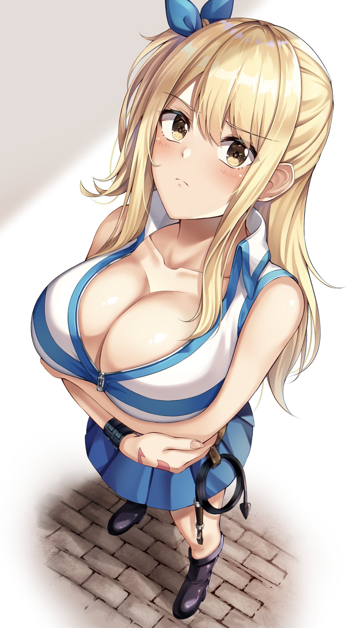 1girls, amagi korona, arms under breasts, blonde hair, blonde-haired female, blush, breasts, cleavage, collarbone, crossed arms, fairy tail, fairy tail mark, female, hair ornament, hand tattoo, highres, huge breasts, lasso, long hair, looking at viewer, lucy heartfilia, pink tattoo, side ponytail, solo, standing, tattoo, tattoo on hand, tattooed hand, thighs, yellow eyes