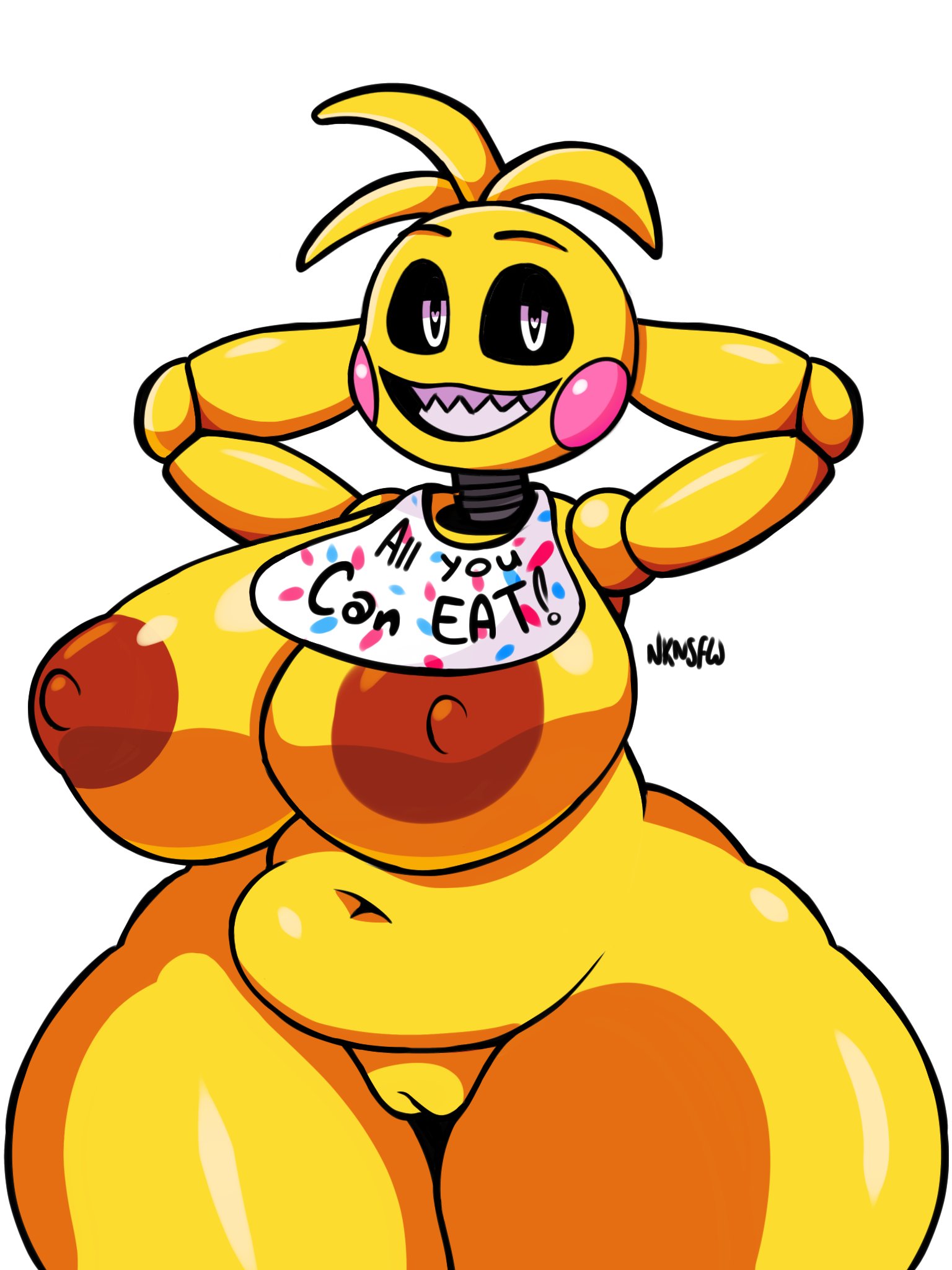 beakless, bib, big breasts, black sclera, breasts, female, five nights at freddy's, five nights at freddy's 2, heart, heart-shaped pupils, ineffective clothing, nipples, nknsfw, pink cheeks, pussy, shark teeth, solo, tagme, toy chica (fnaf), yellow skin