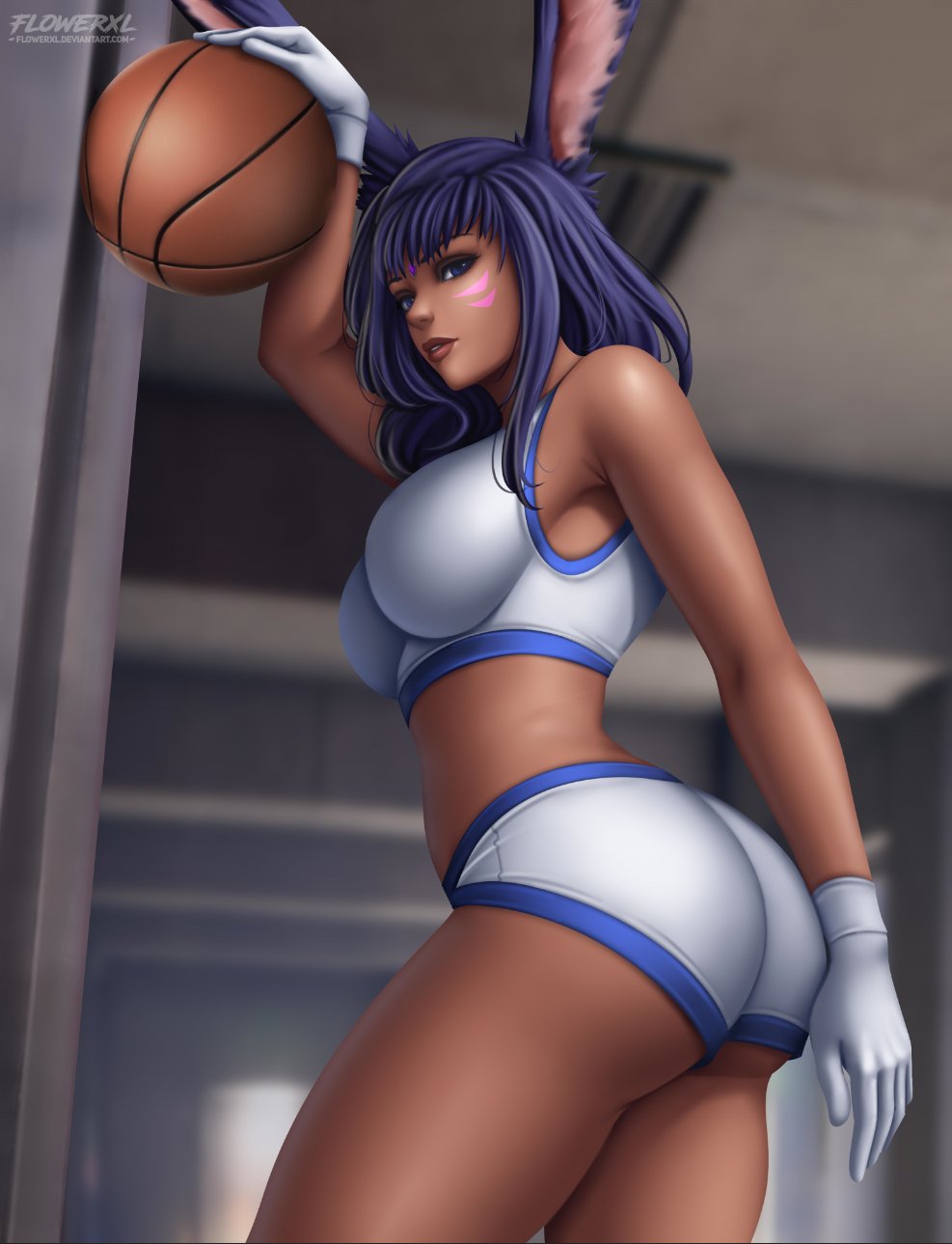 1girls 2021 ass basketball basketball_uniform blue_eyes bunny_ears dark-skinned_female dark_skin estelle_(oxoqube) facial_markings female female_only final_fantasy final_fantasy_xiv flowerxl gloves lola_bunny_(cosplay) long_hair looking_at_viewer looney_tunes narrowed_eyes purple_hair side_view solo solo_female space_jam thick_thighs viera