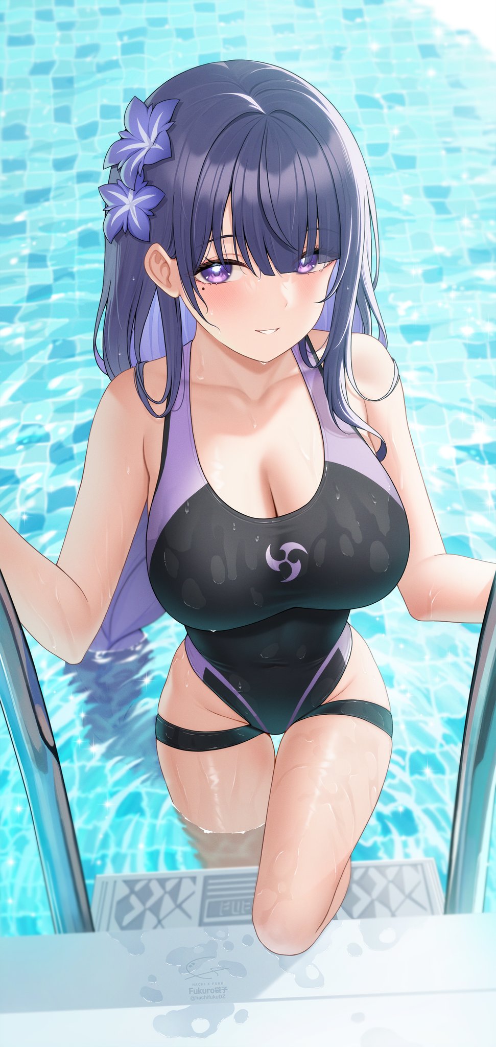 1girls big_breasts curvaceous curvy_body curvy_female curvy_figure female_focus female_only fukuro_ko_(greentea) genshin_impact leotard long_hair looking_at_viewer milf one-piece_swimsuit purple_hair raiden_shogun solo_female swimsuit tagme